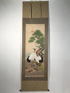 Japanese Boxed Hanging Scroll Vtg Kakejiku Cranes Pine Tree Plum Blossoms KJ150