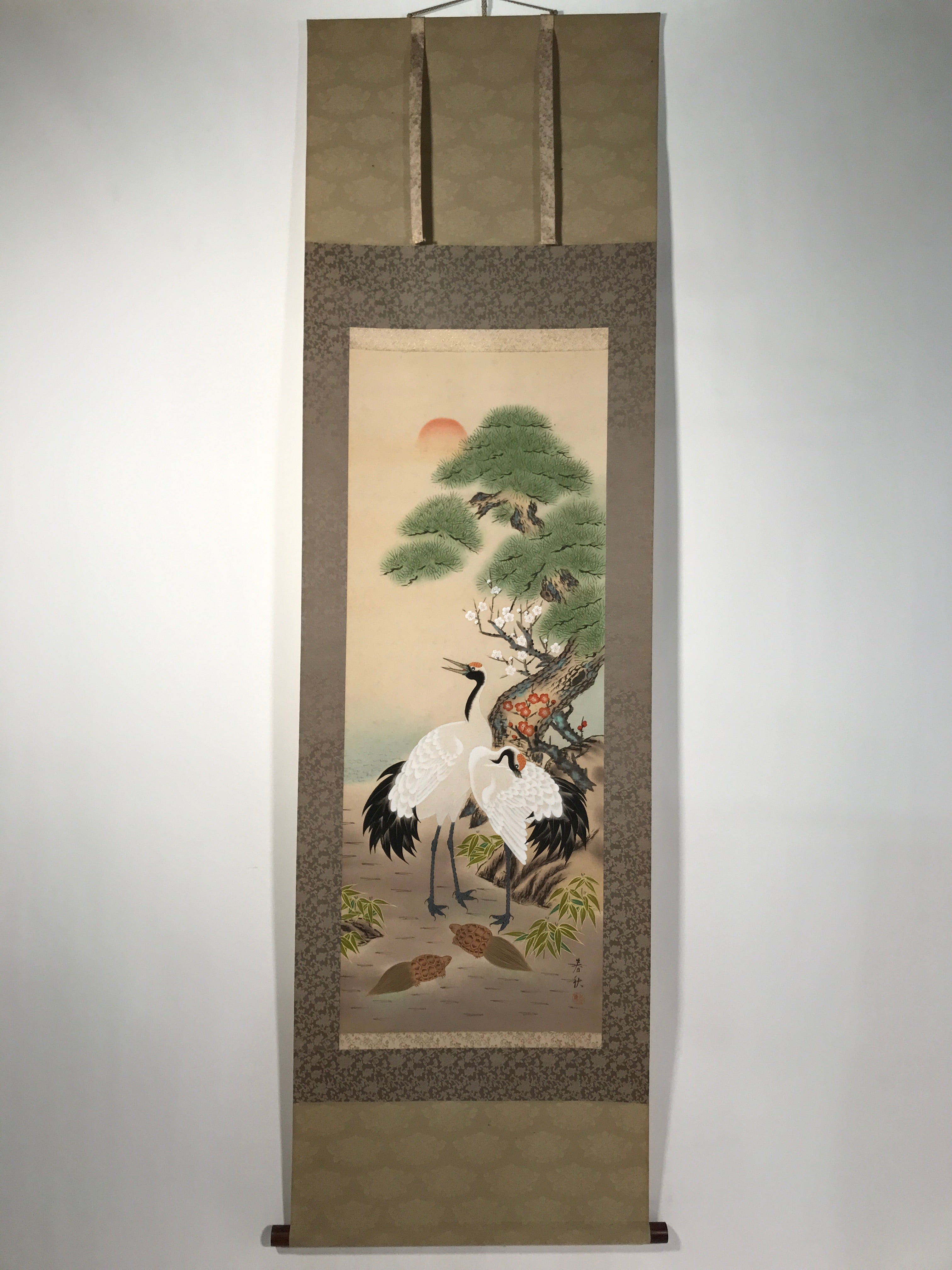 Japanese Boxed Hanging Scroll Vtg Kakejiku Cranes Pine Tree Plum Blossoms KJ150