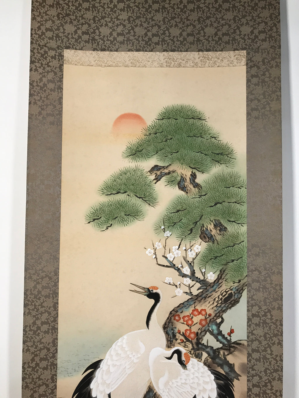 Japanese Boxed Hanging Scroll Vtg Kakejiku Cranes Pine Tree Plum Blossoms KJ150