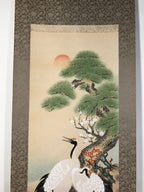 Japanese Boxed Hanging Scroll Vtg Kakejiku Cranes Pine Tree Plum Blossoms KJ150