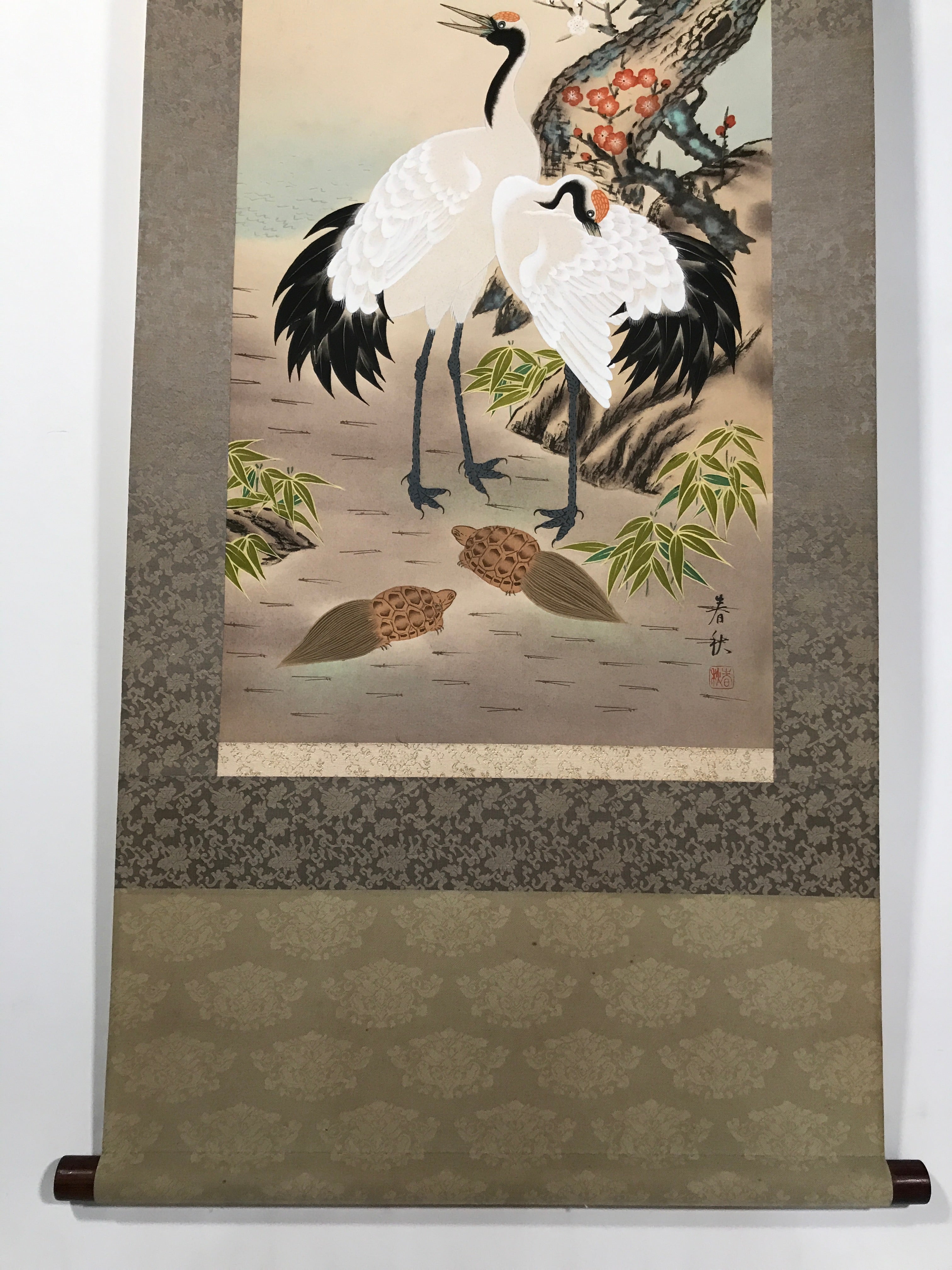 Japanese Boxed Hanging Scroll Vtg Kakejiku Cranes Pine Tree Plum Blossoms KJ150
