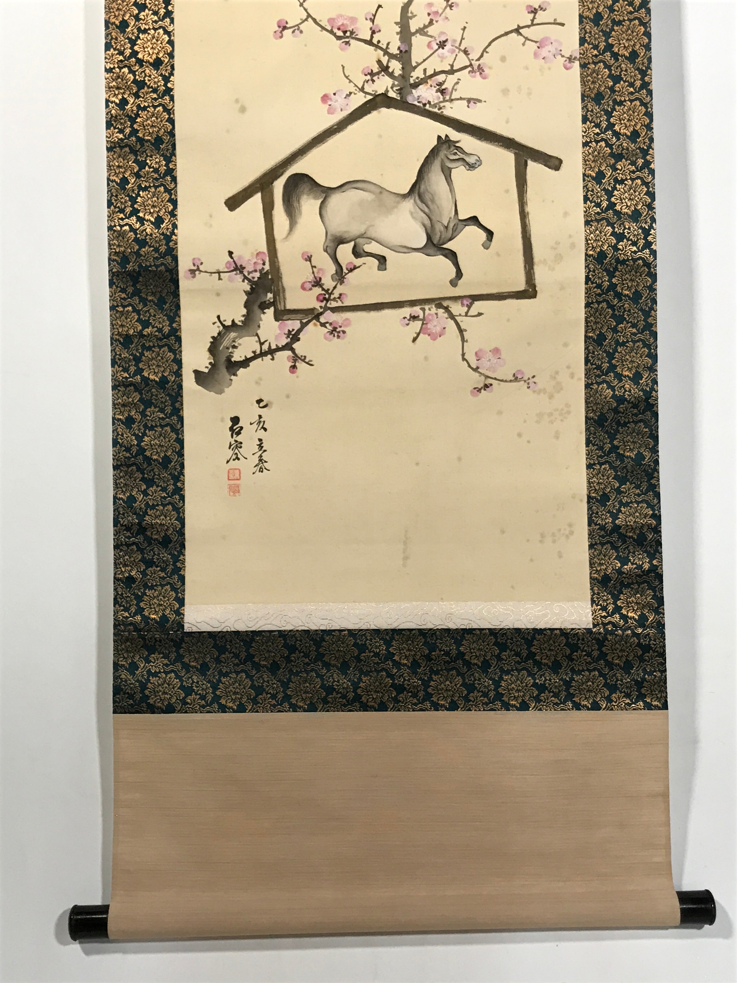 Japanese Boxed Hanging Scroll Vtg Kakejiku Horse Ema Plaque Plum Tree Pink KJ143