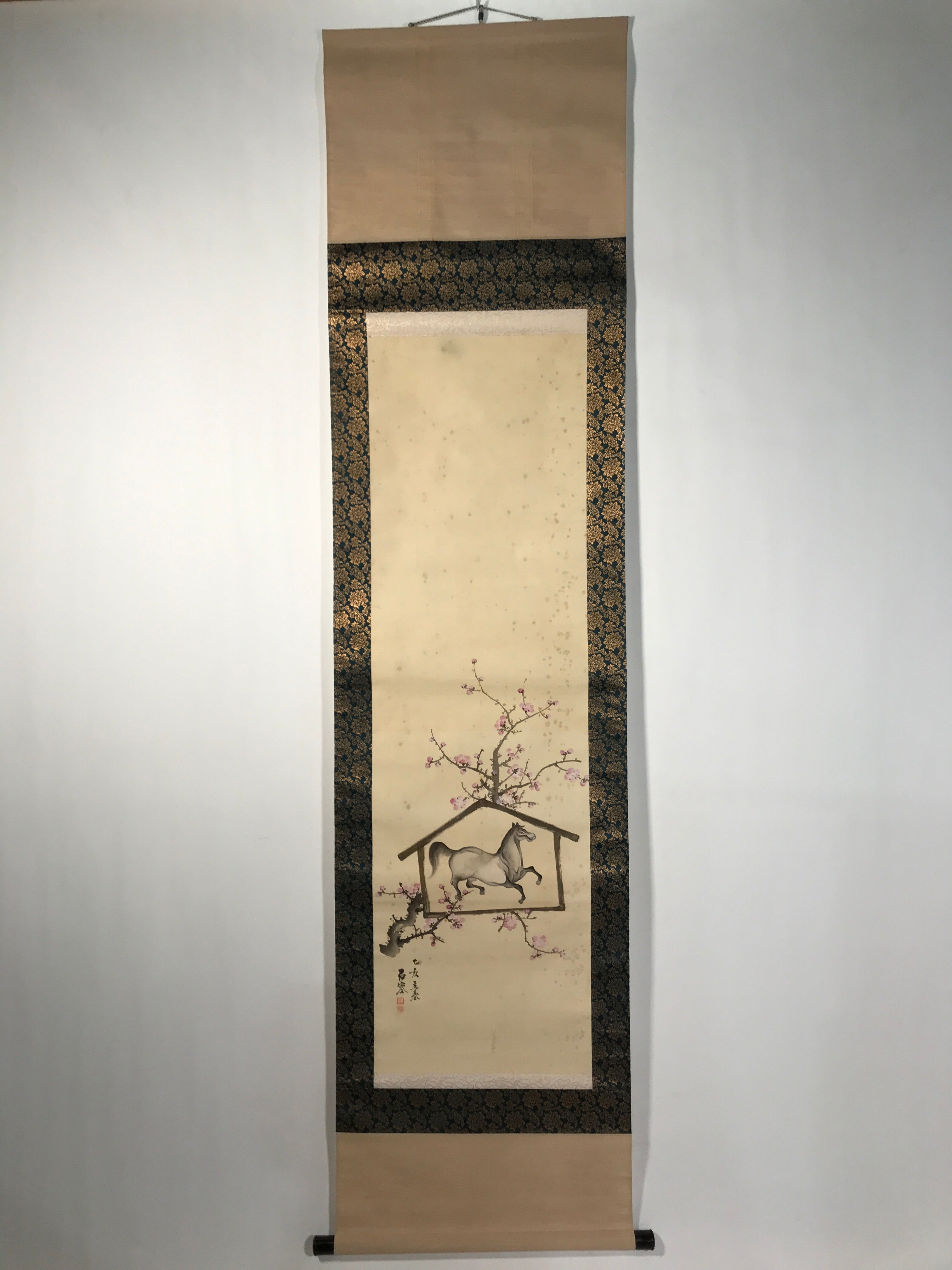 Japanese Boxed Hanging Scroll Vtg Kakejiku Horse Ema Plaque Plum Tree Pink KJ143