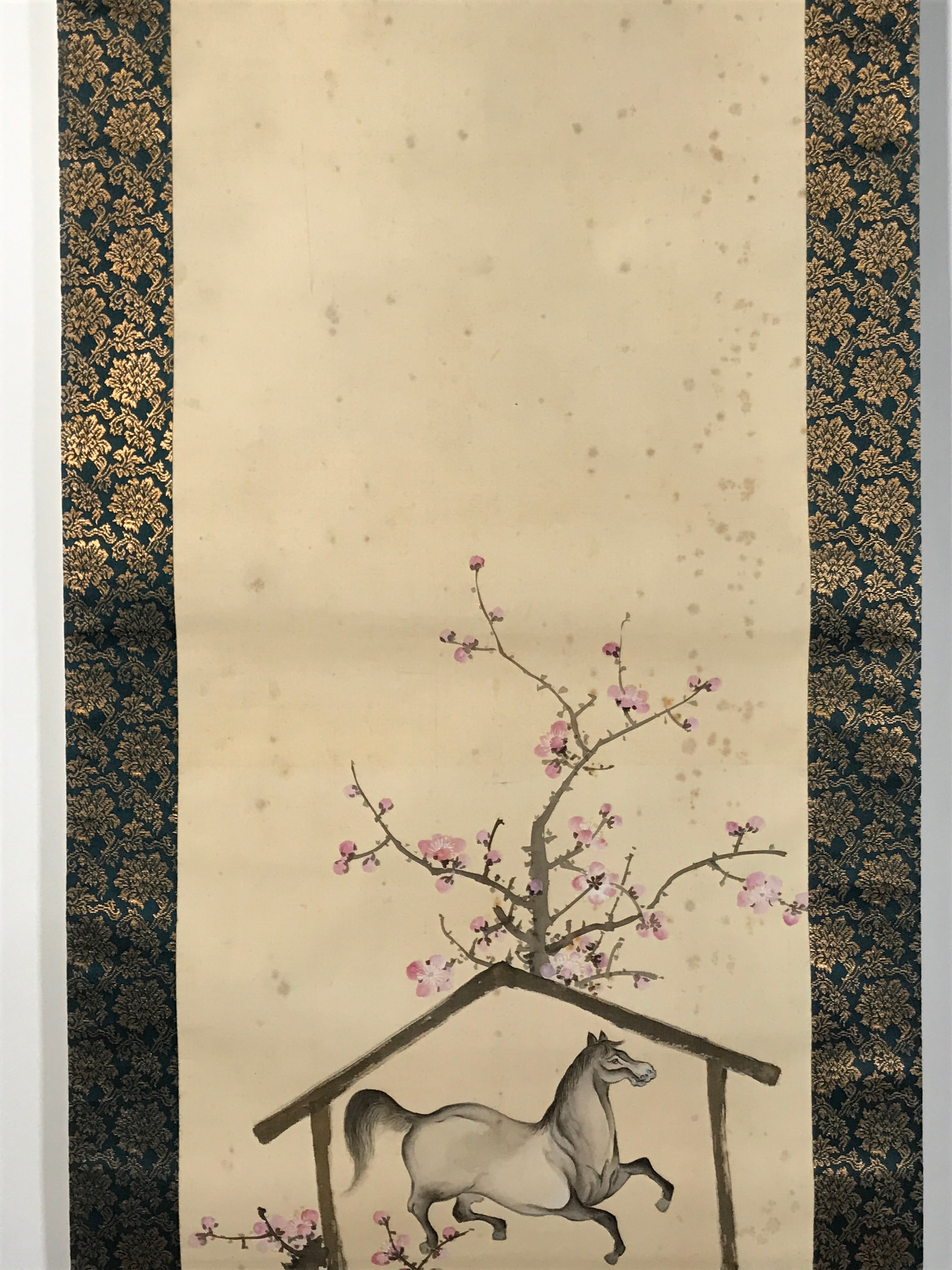 Japanese Boxed Hanging Scroll Vtg Kakejiku Horse Ema Plaque Plum Tree Pink KJ143