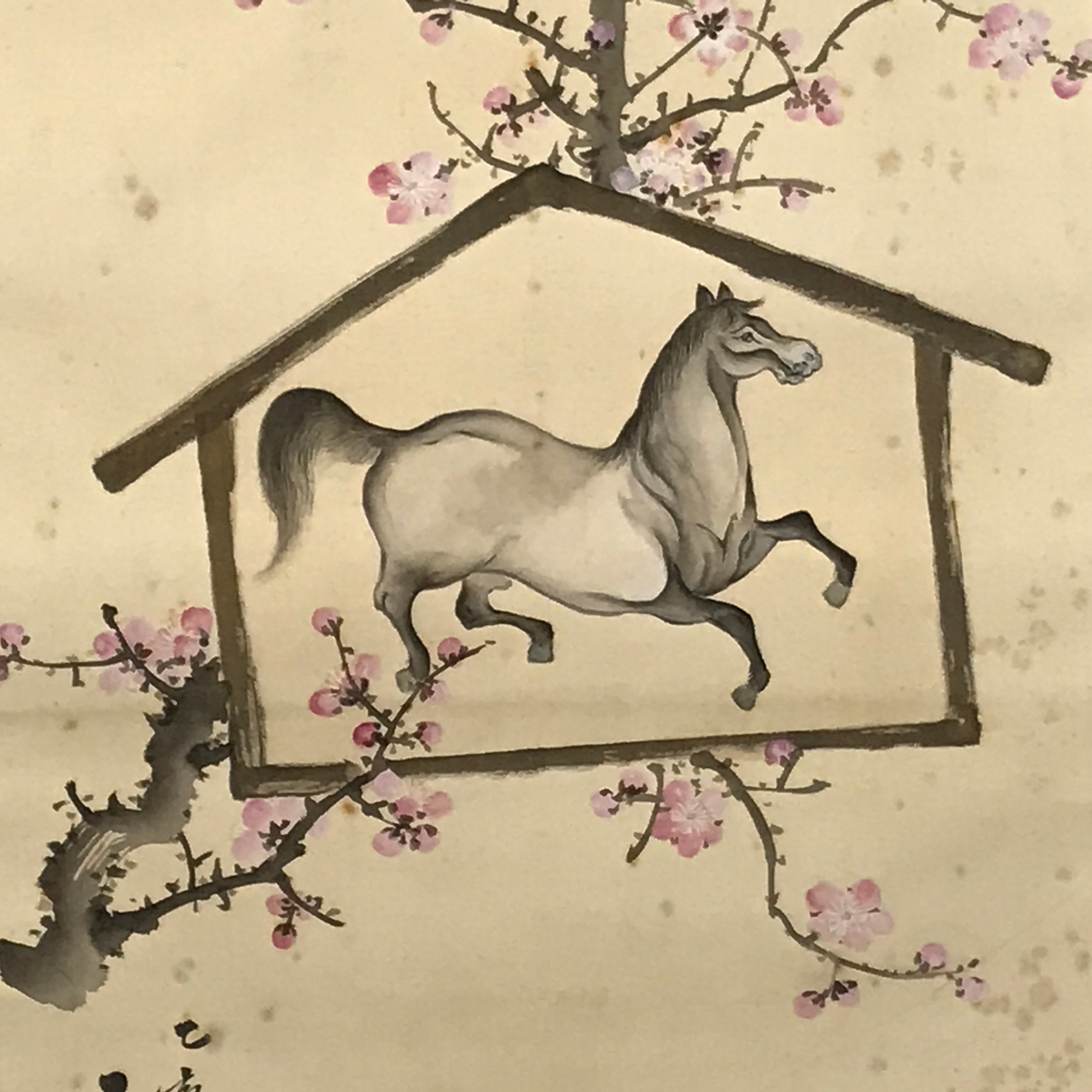 Japanese Boxed Hanging Scroll Vtg Kakejiku Horse Ema Plaque Plum Tree Pink KJ143