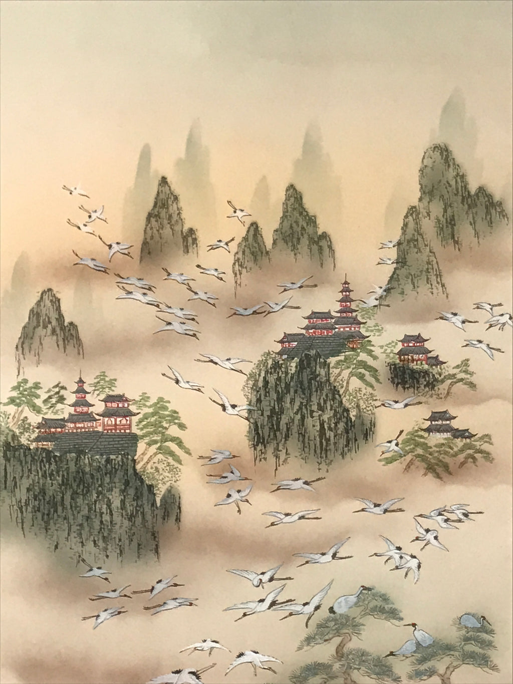 Japanese Boxed Hanging Scroll Vtg Kakejiku Hundred Cranes Flying Temples KJ153