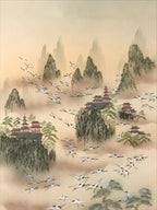 Japanese Boxed Hanging Scroll Vtg Kakejiku Hundred Cranes Flying Temples KJ153
