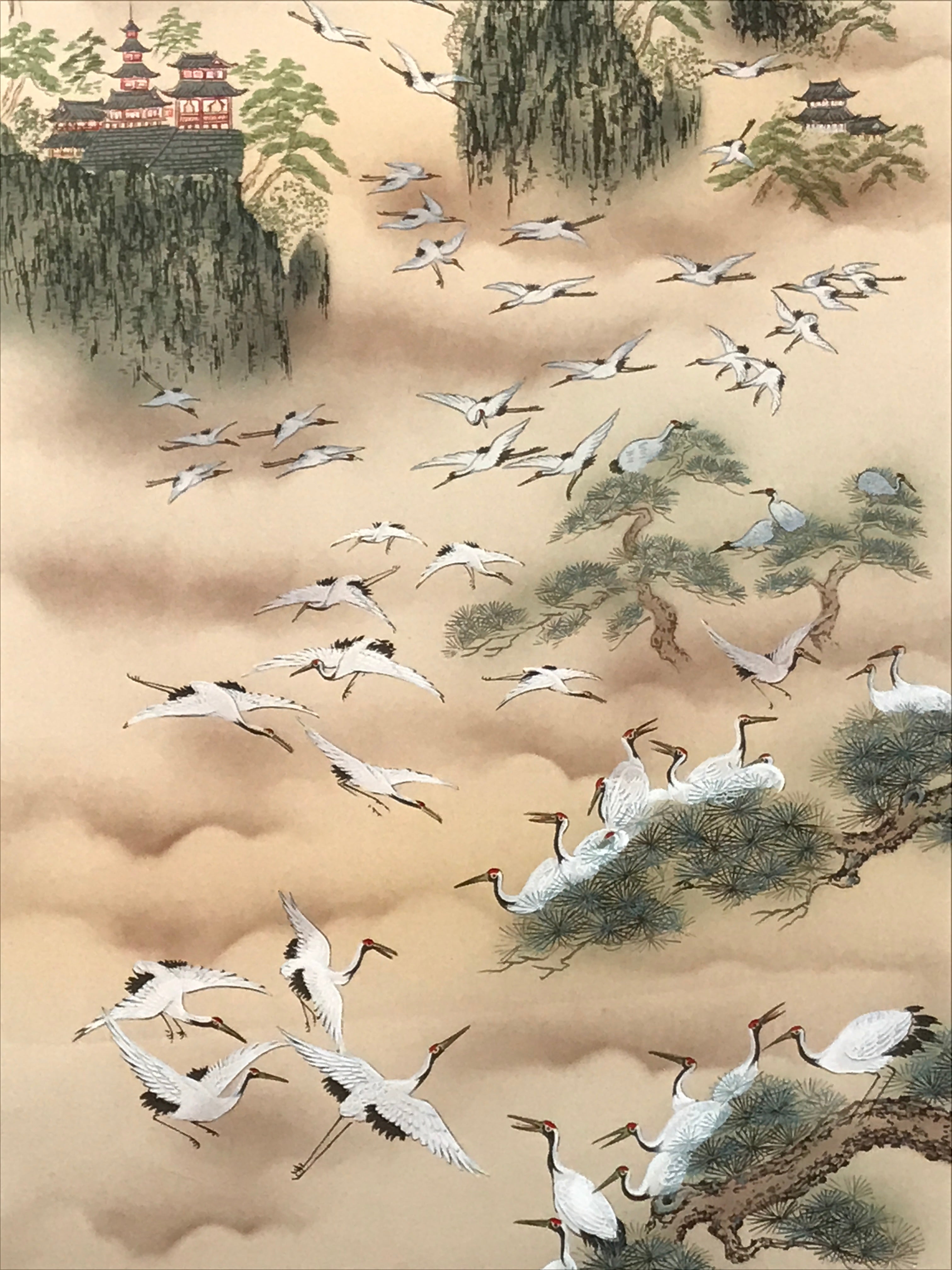 Japanese Boxed Hanging Scroll Vtg Kakejiku Hundred Cranes Flying Temples KJ153