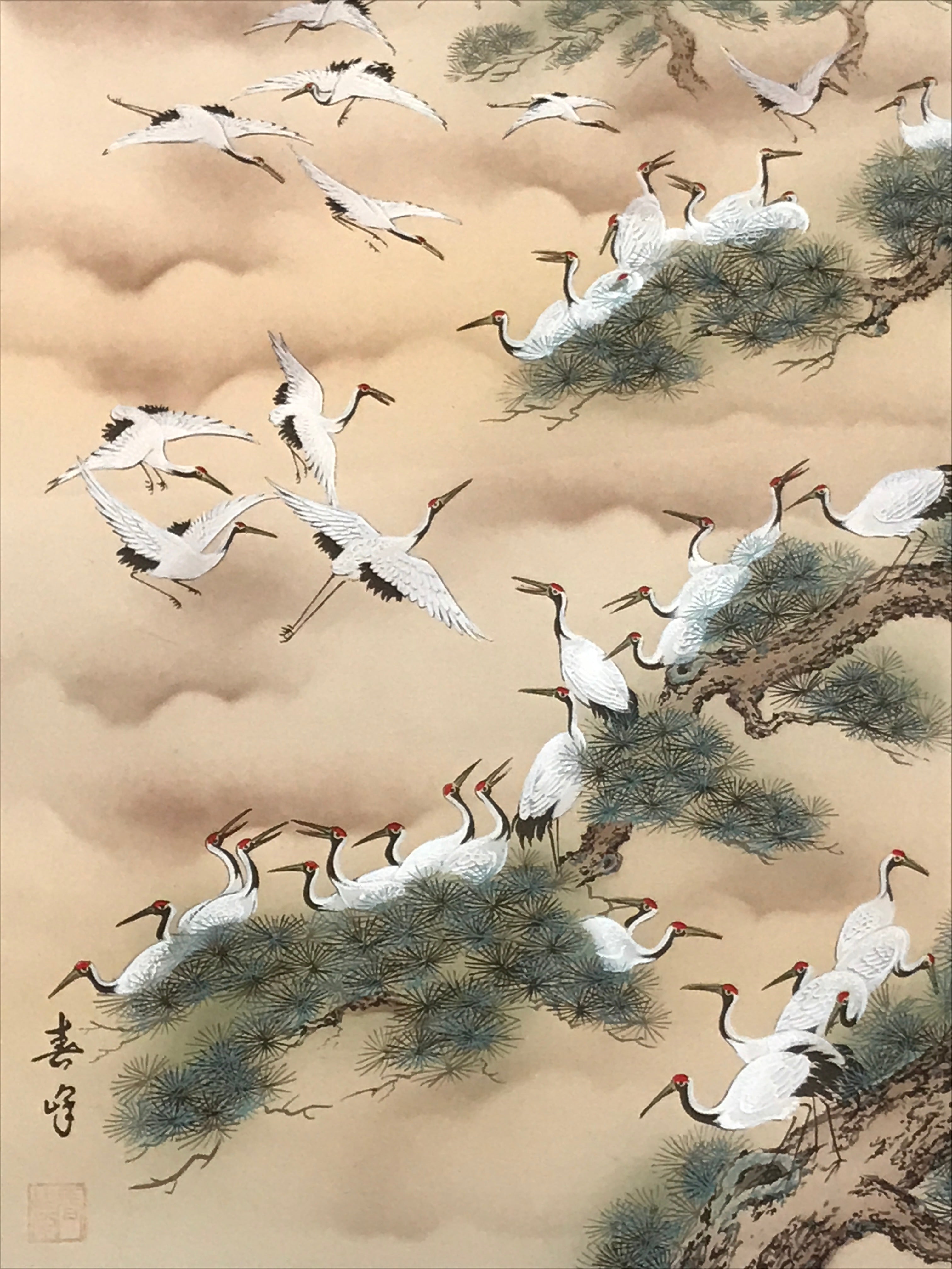 Japanese Boxed Hanging Scroll Vtg Kakejiku Hundred Cranes Flying Temples KJ153