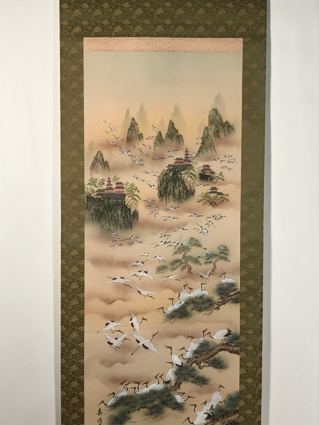 Japanese Boxed Hanging Scroll Vtg Kakejiku Hundred Cranes Flying Temples KJ153