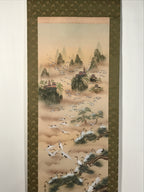 Japanese Boxed Hanging Scroll Vtg Kakejiku Hundred Cranes Flying Temples KJ153