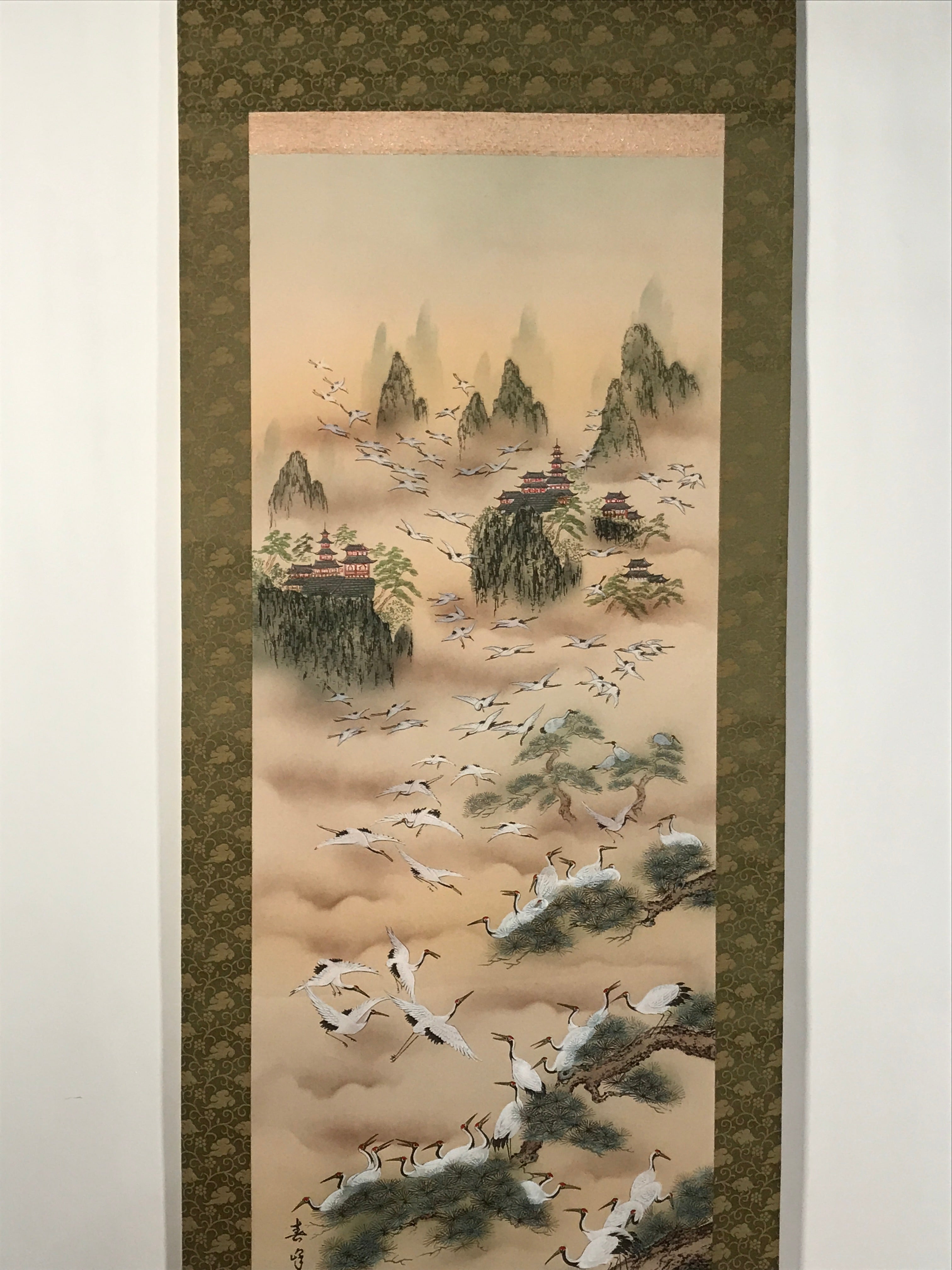 Japanese Boxed Hanging Scroll Vtg Kakejiku Hundred Cranes Flying Temples KJ153