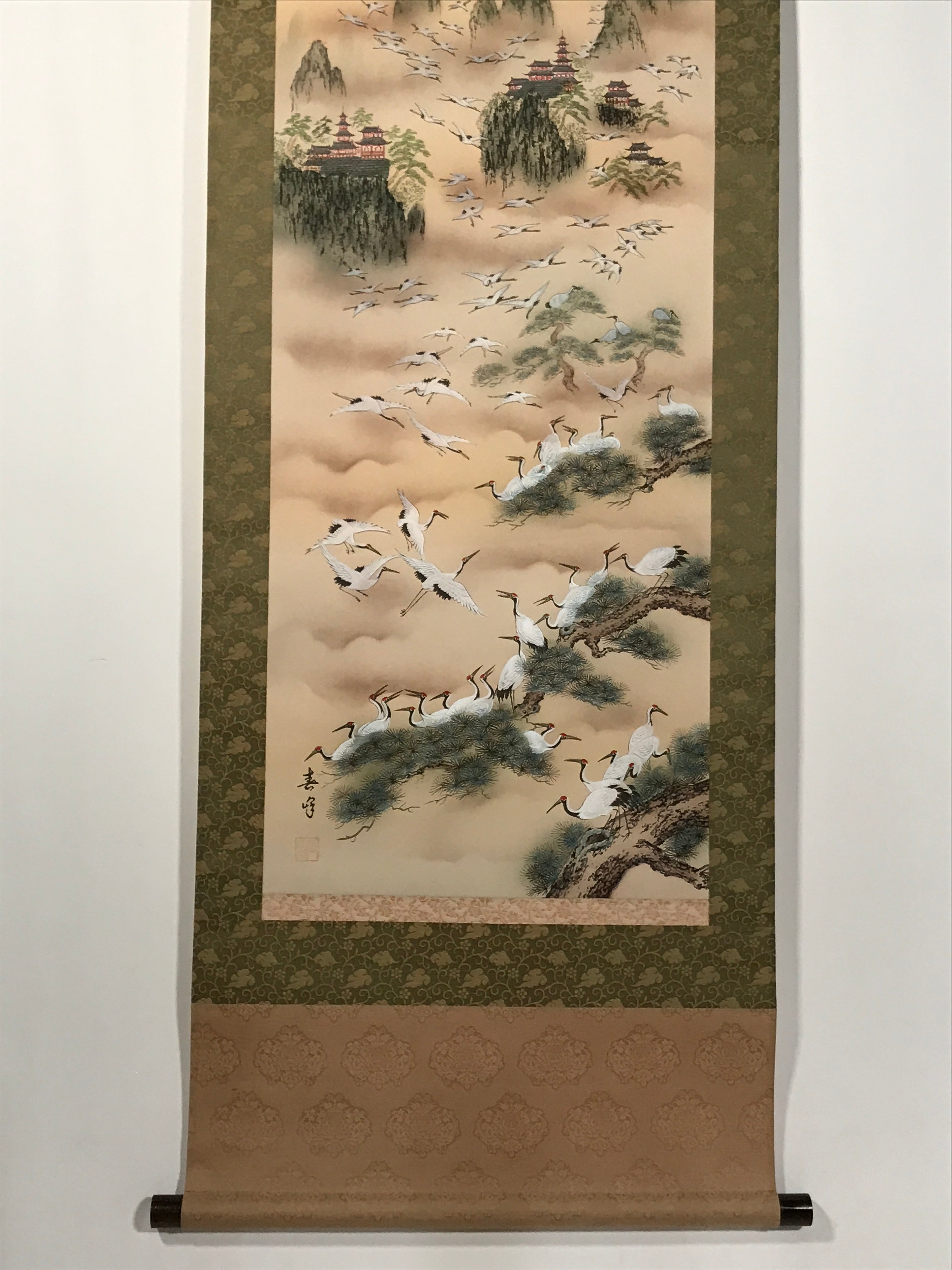 Japanese Boxed Hanging Scroll Vtg Kakejiku Hundred Cranes Flying Temples KJ153