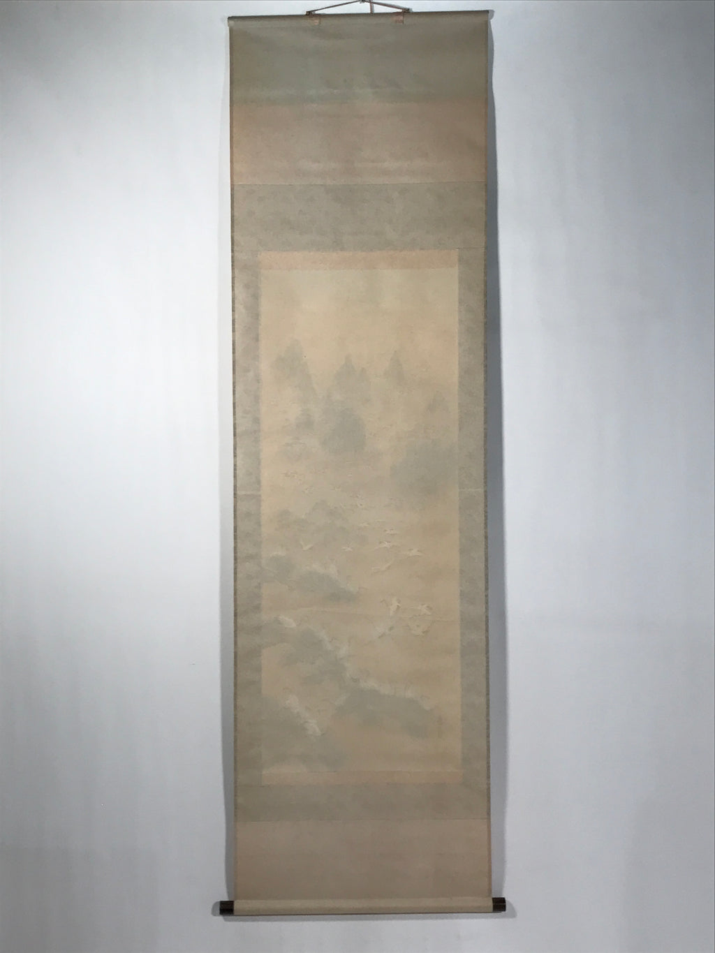 Japanese Boxed Hanging Scroll Vtg Kakejiku Hundred Cranes Flying Temples KJ153