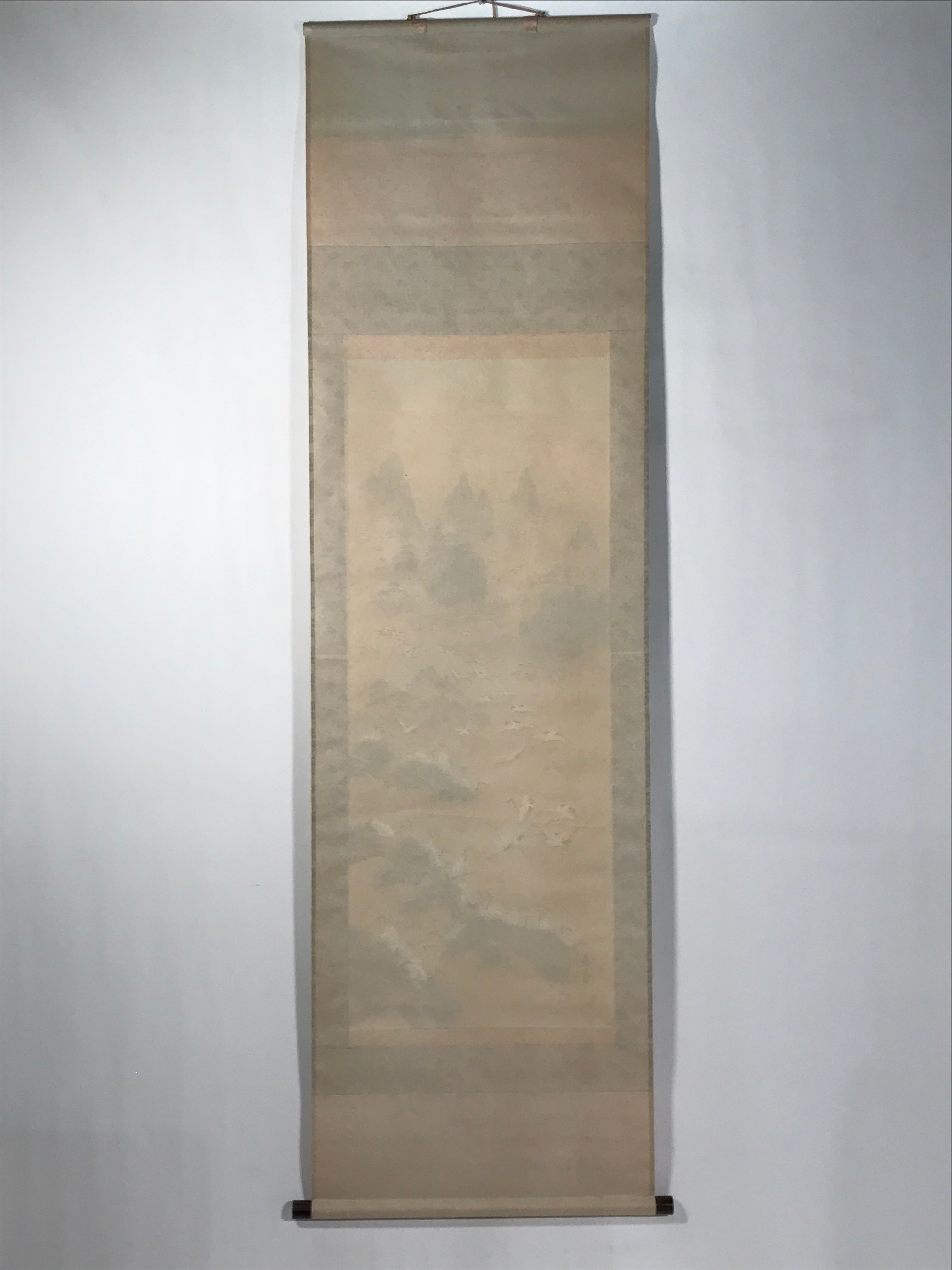 Japanese Boxed Hanging Scroll Vtg Kakejiku Hundred Cranes Flying Temples KJ153