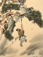 Japanese Boxed Hanging Scroll Vtg Kakejiku Man Hanging Vine Tiger Zen Koan KJ160