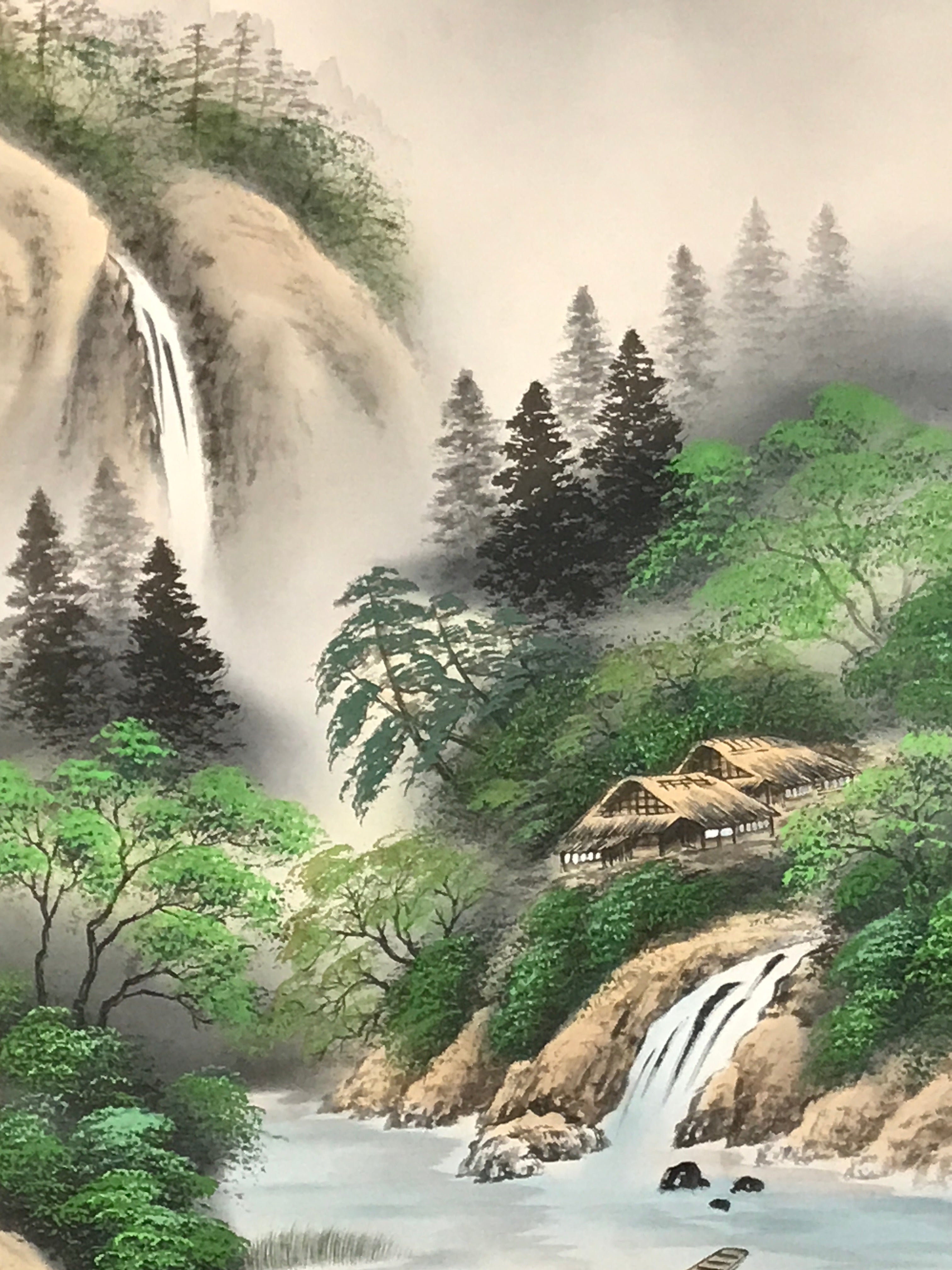 Japanese Boxed Hanging Scroll Vtg Kakejiku River Algae Waterfall Mountain KJ152