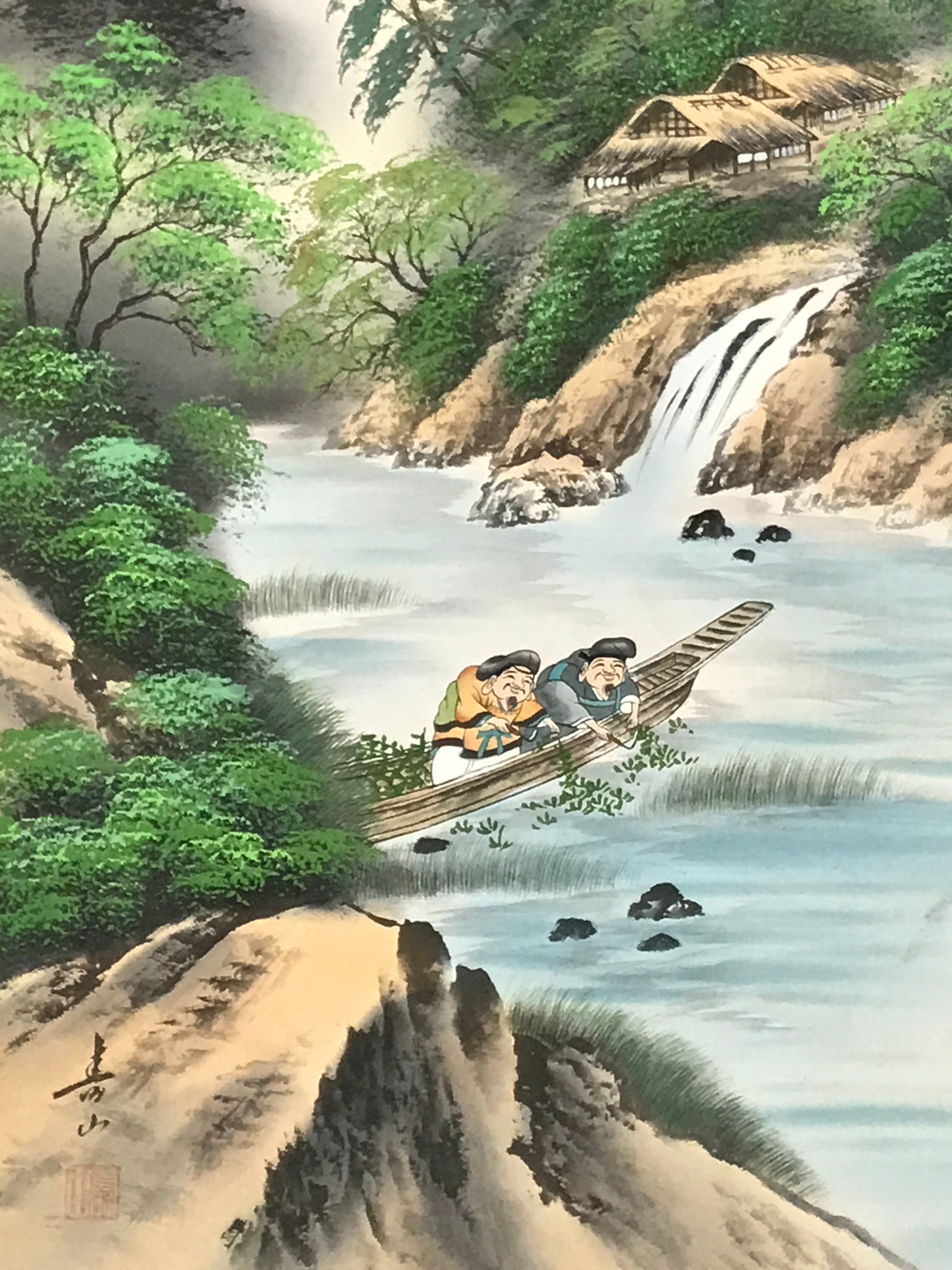 Japanese Boxed Hanging Scroll Vtg Kakejiku River Algae Waterfall Mountain KJ152