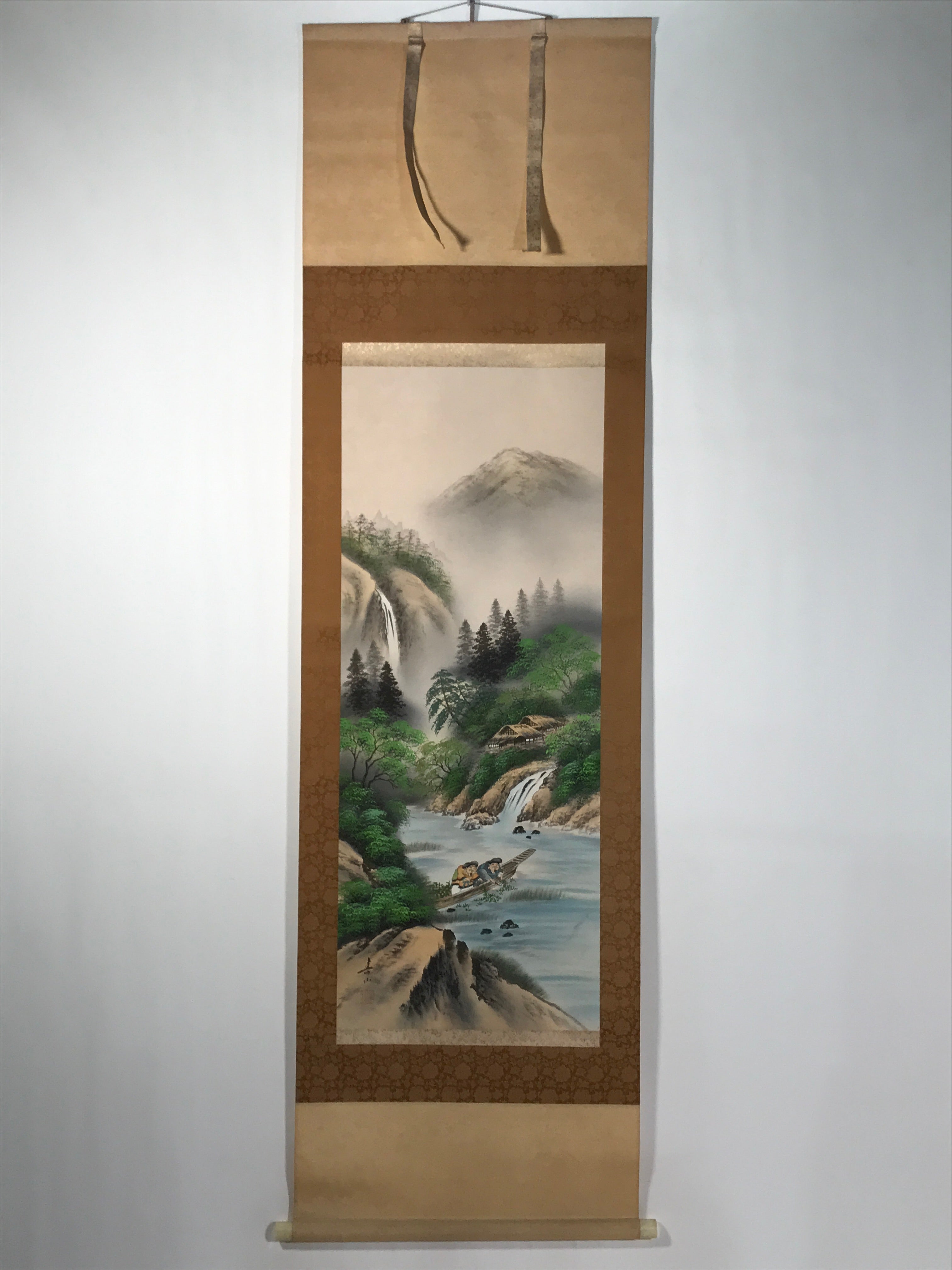Japanese Boxed Hanging Scroll Vtg Kakejiku River Algae Waterfall Mountain KJ152