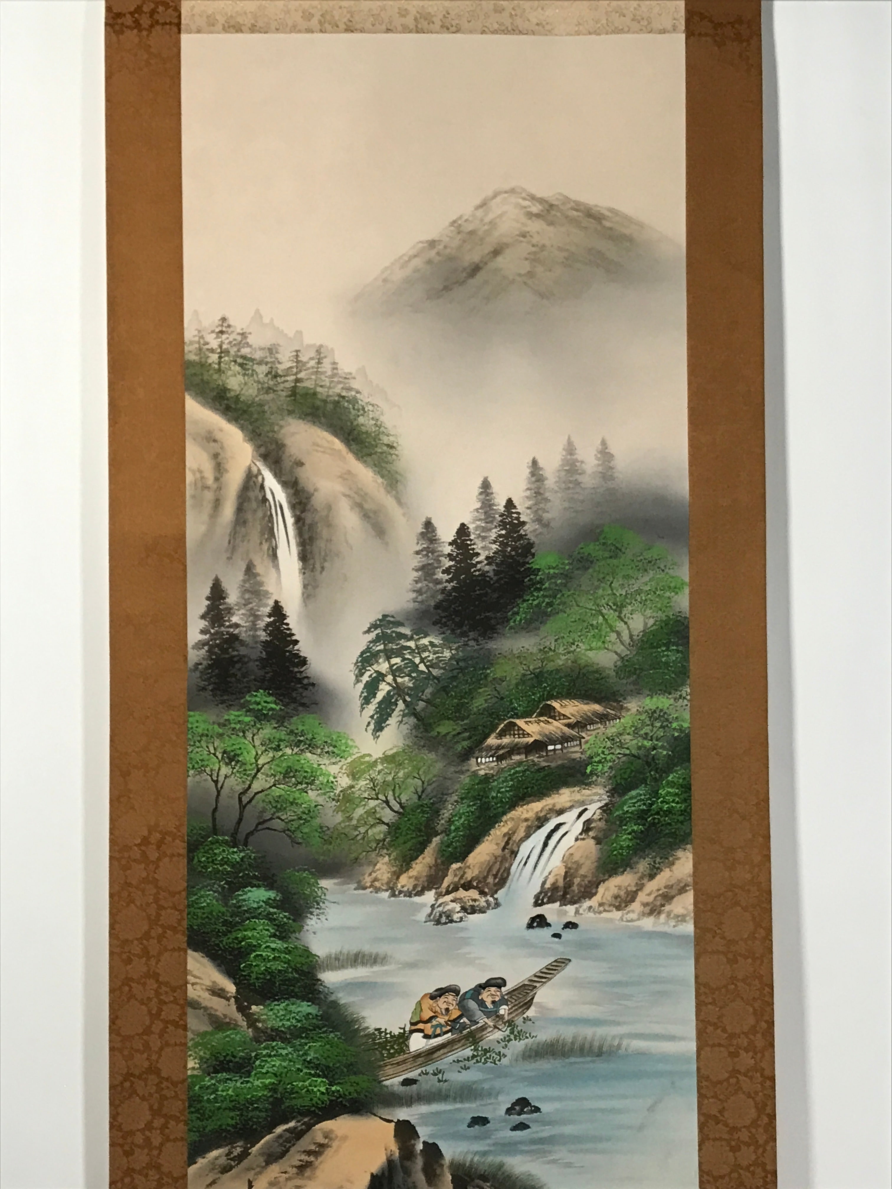 Japanese Boxed Hanging Scroll Vtg Kakejiku River Algae Waterfall Mountain KJ152