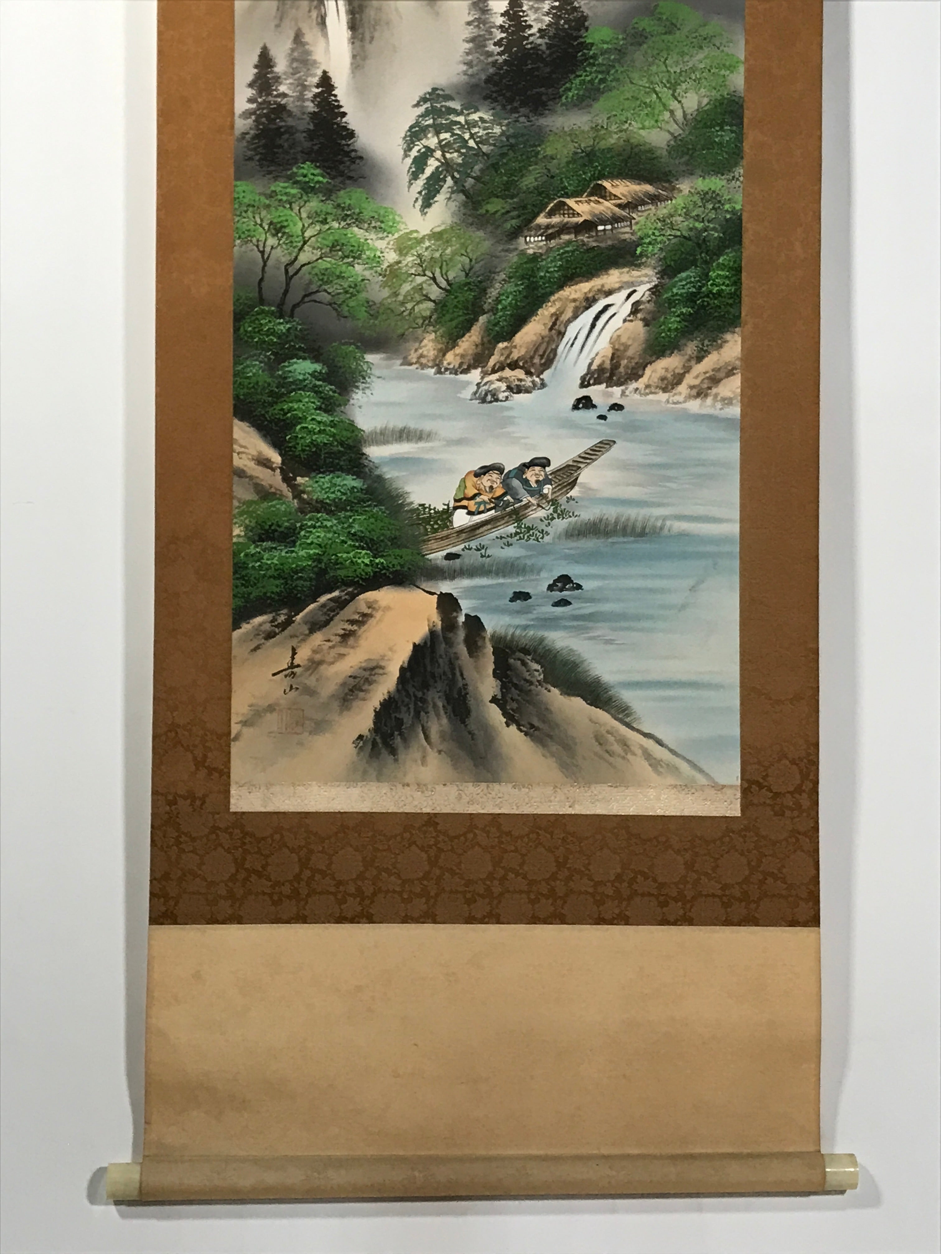 Japanese Boxed Hanging Scroll Vtg Kakejiku River Algae Waterfall Mountain KJ152