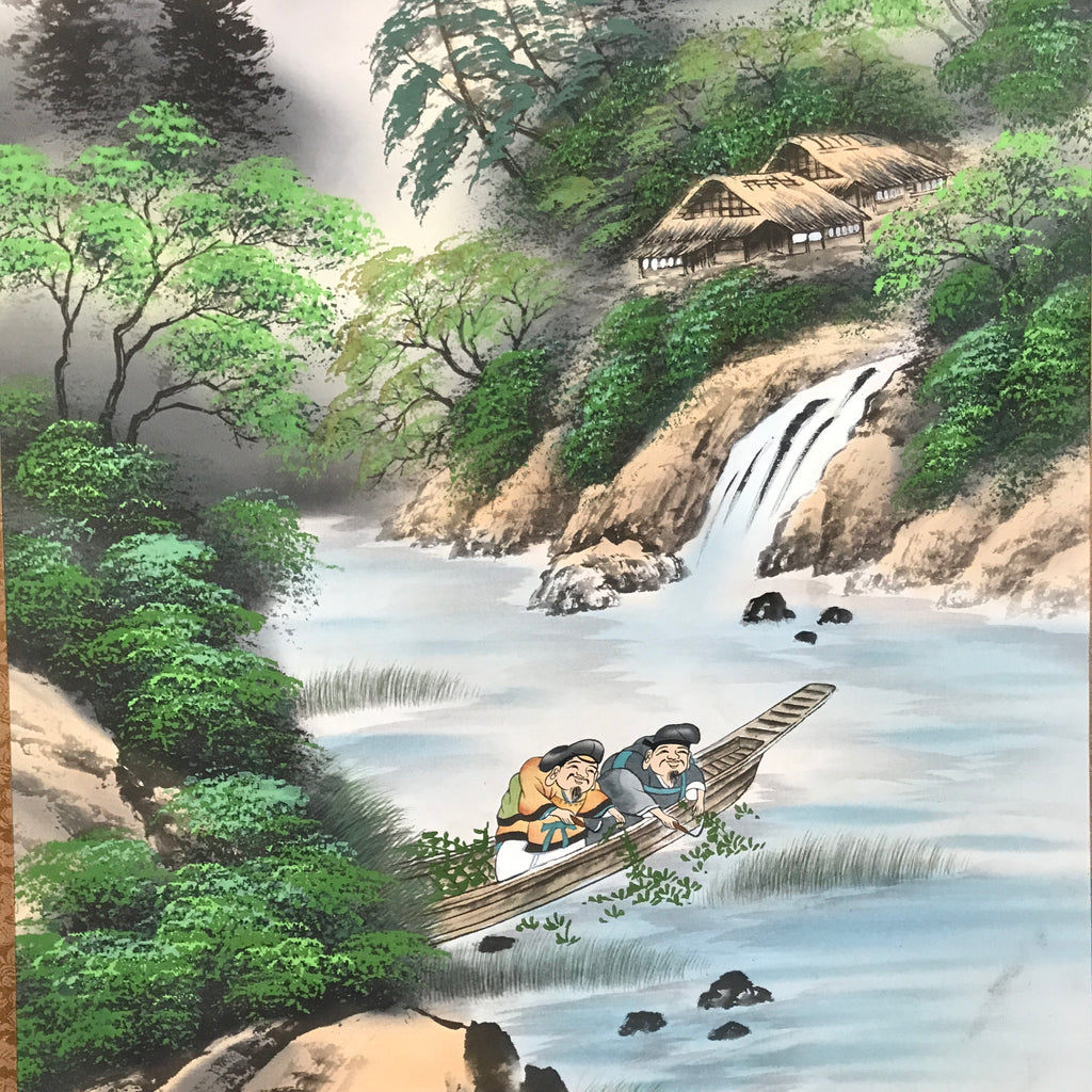 Japanese Boxed Hanging Scroll Vtg Kakejiku River Algae Waterfall Mountain KJ152