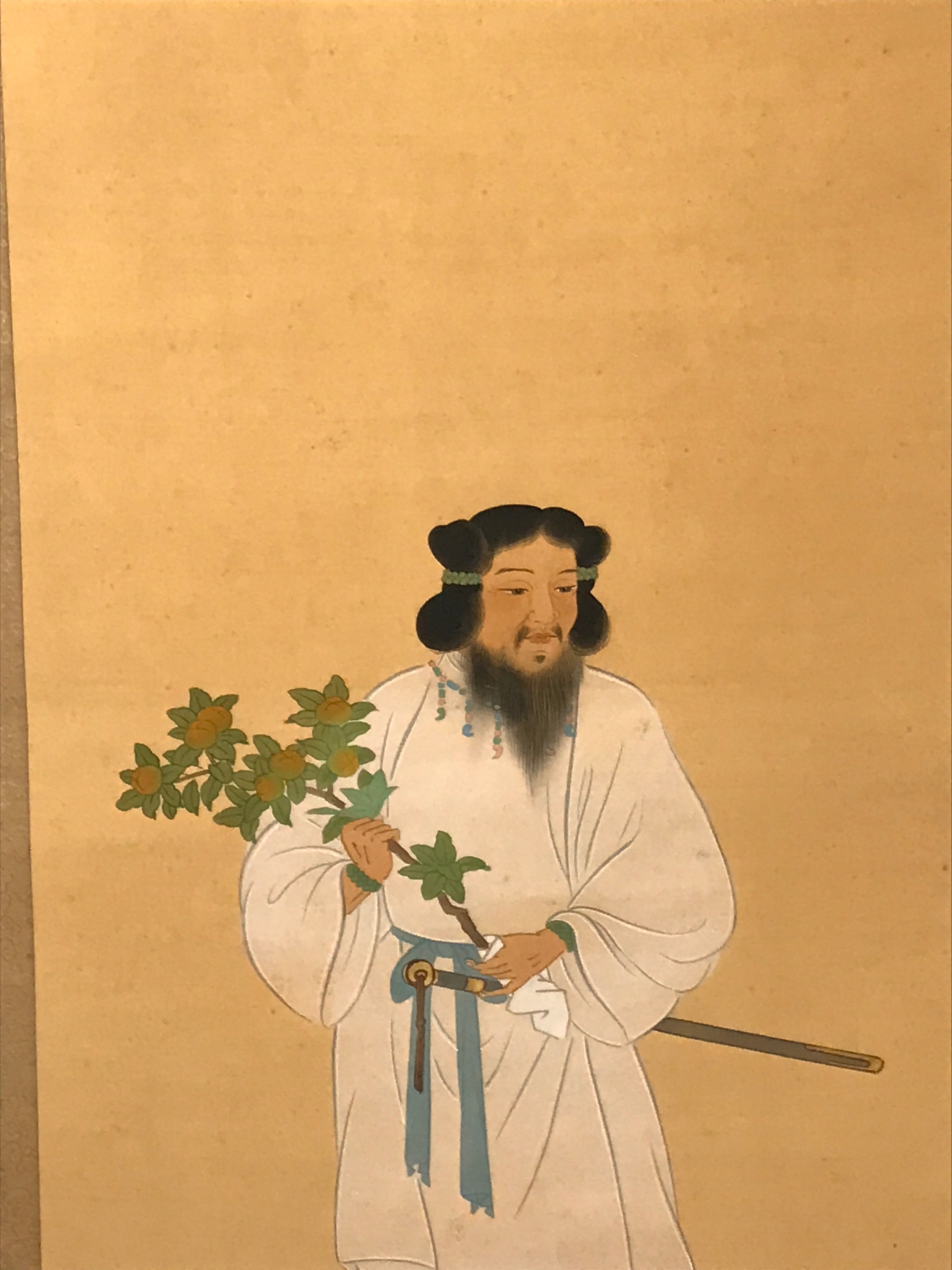 Japanese Boxed Hanging Scroll Vtg Kakejiku Tajimamori God Sweets Portrait KJ162