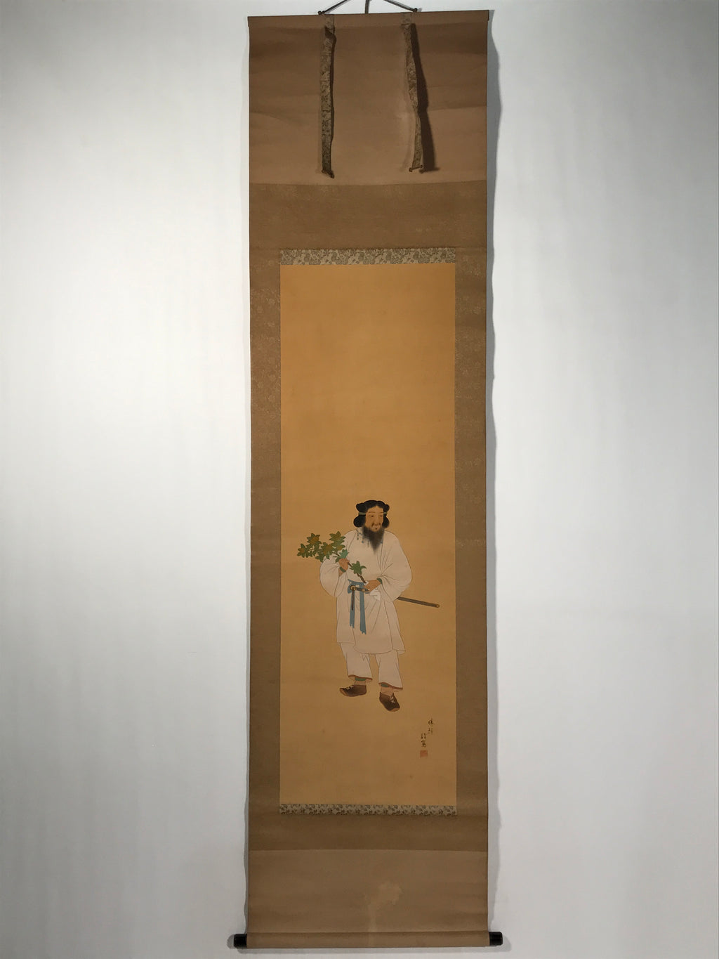 Japanese Boxed Hanging Scroll Vtg Kakejiku Tajimamori God Sweets Portrait KJ162
