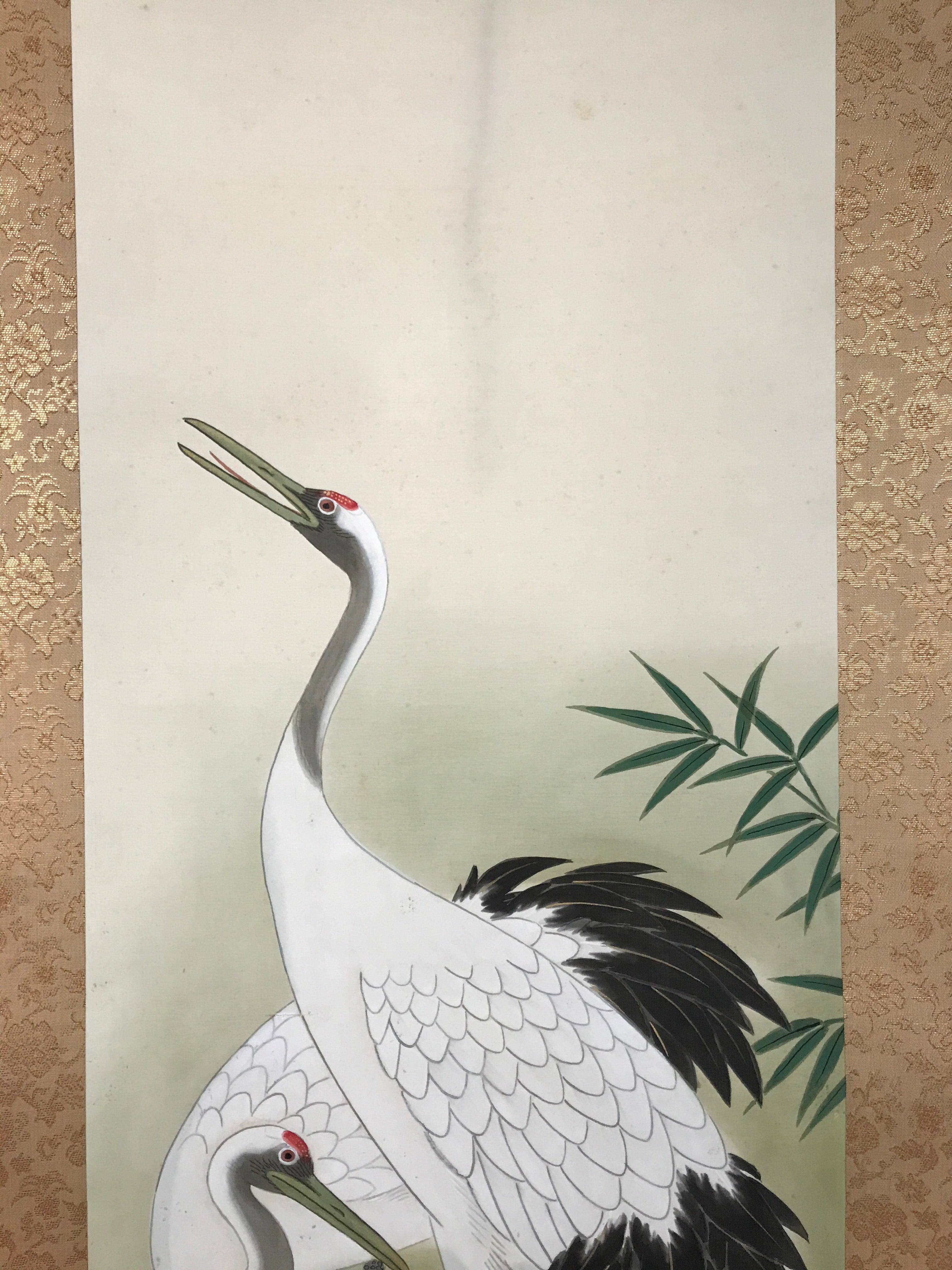 Japanese Boxed Hanging Scroll Vtg Kakejiku Two Cranes Bamboo Green Color KJ151