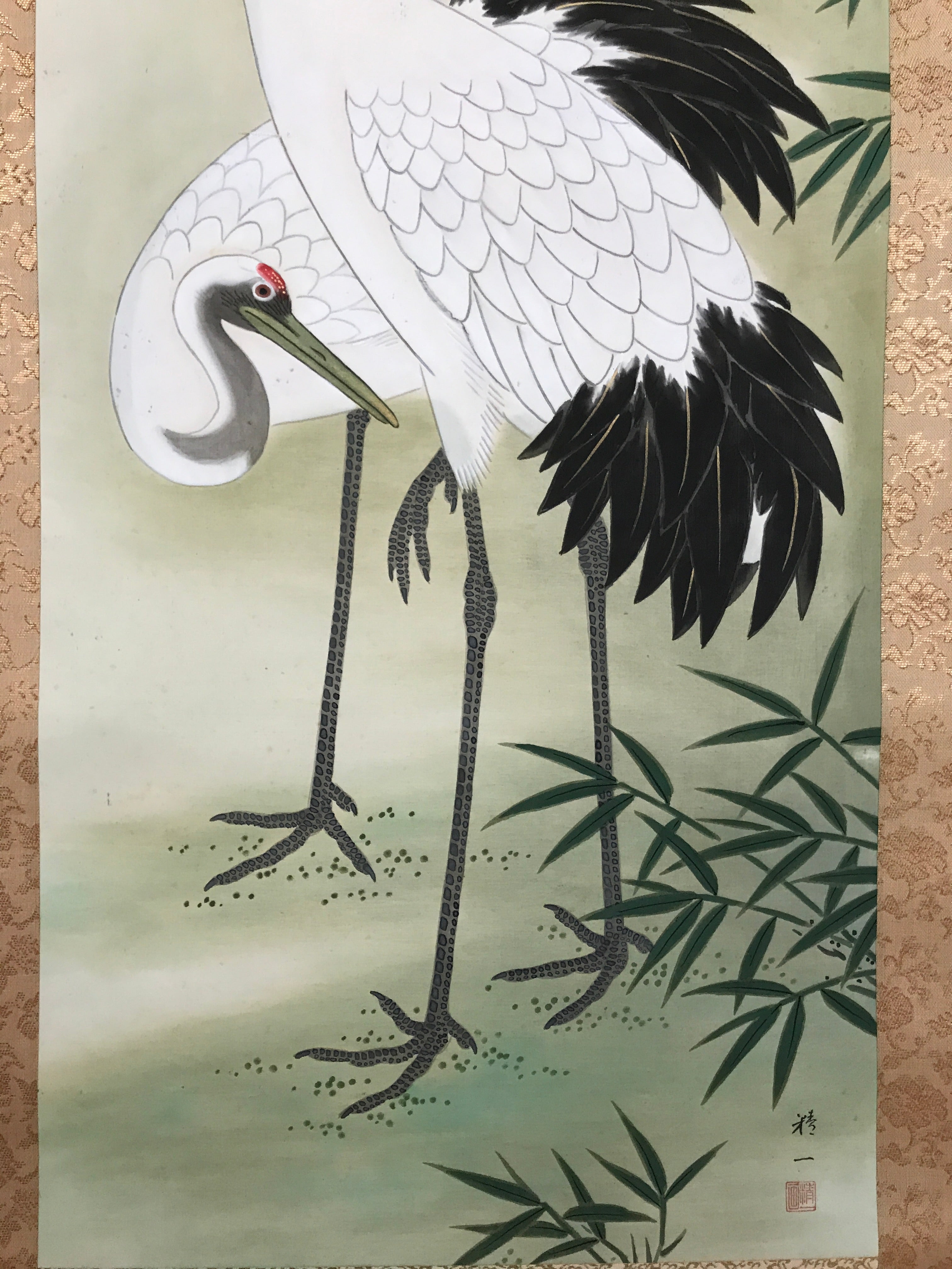 Japanese Boxed Hanging Scroll Vtg Kakejiku Two Cranes Bamboo Green Color KJ151