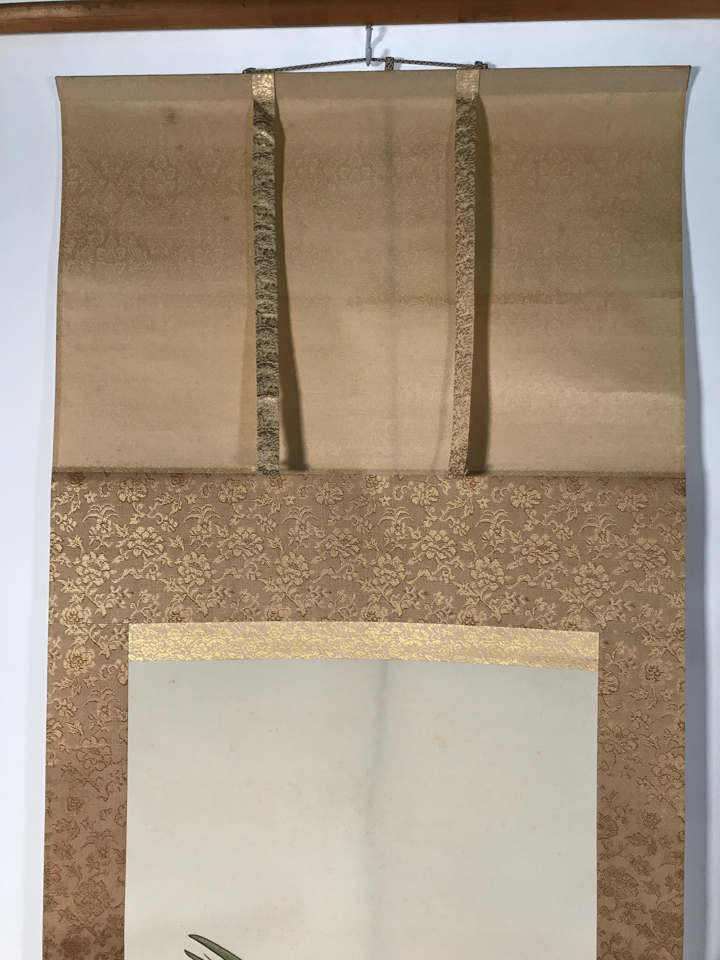 Japanese Boxed Hanging Scroll Vtg Kakejiku Two Cranes Bamboo Green Color KJ151