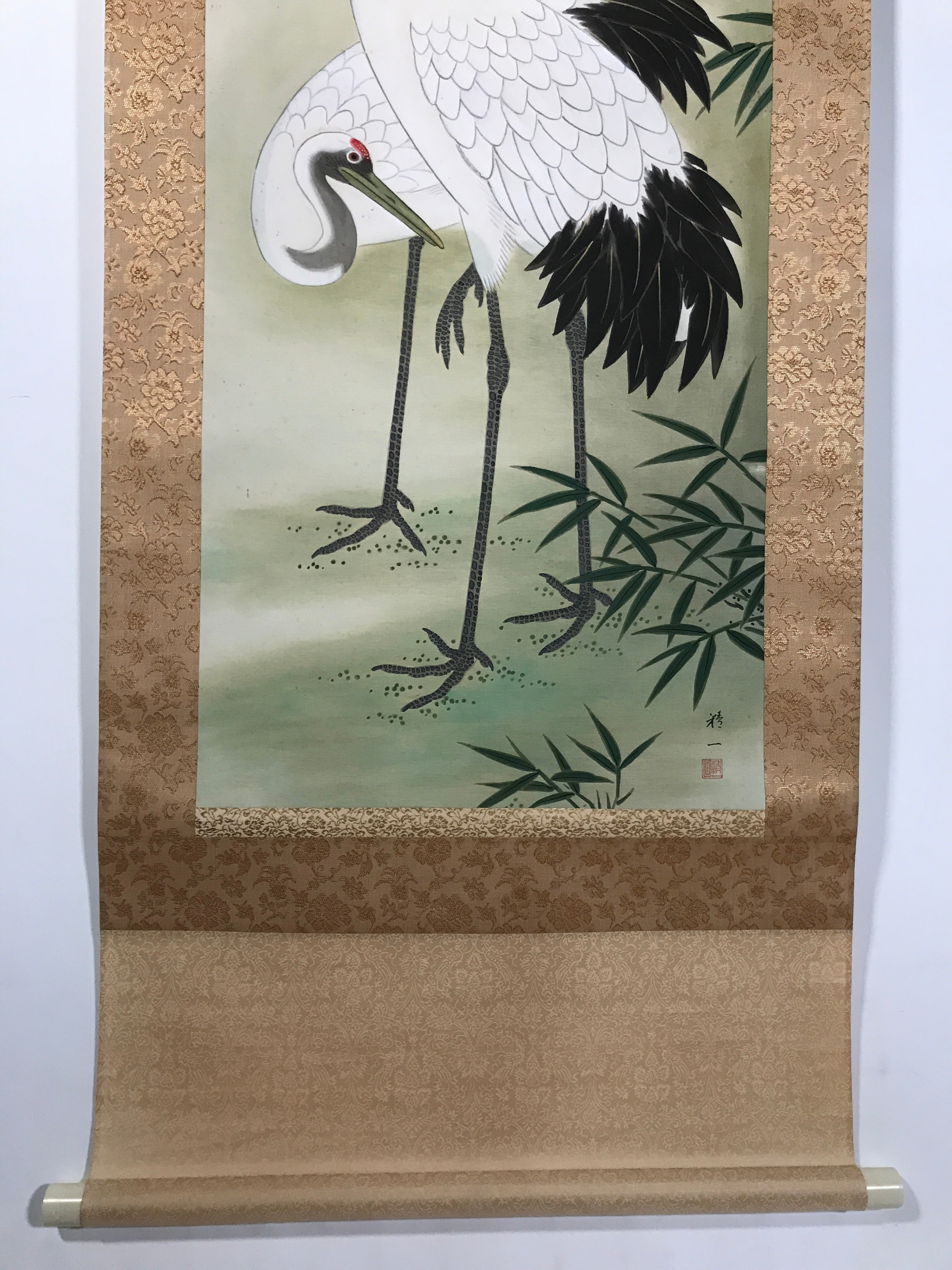 Japanese Boxed Hanging Scroll Vtg Kakejiku Two Cranes Bamboo Green Color KJ151