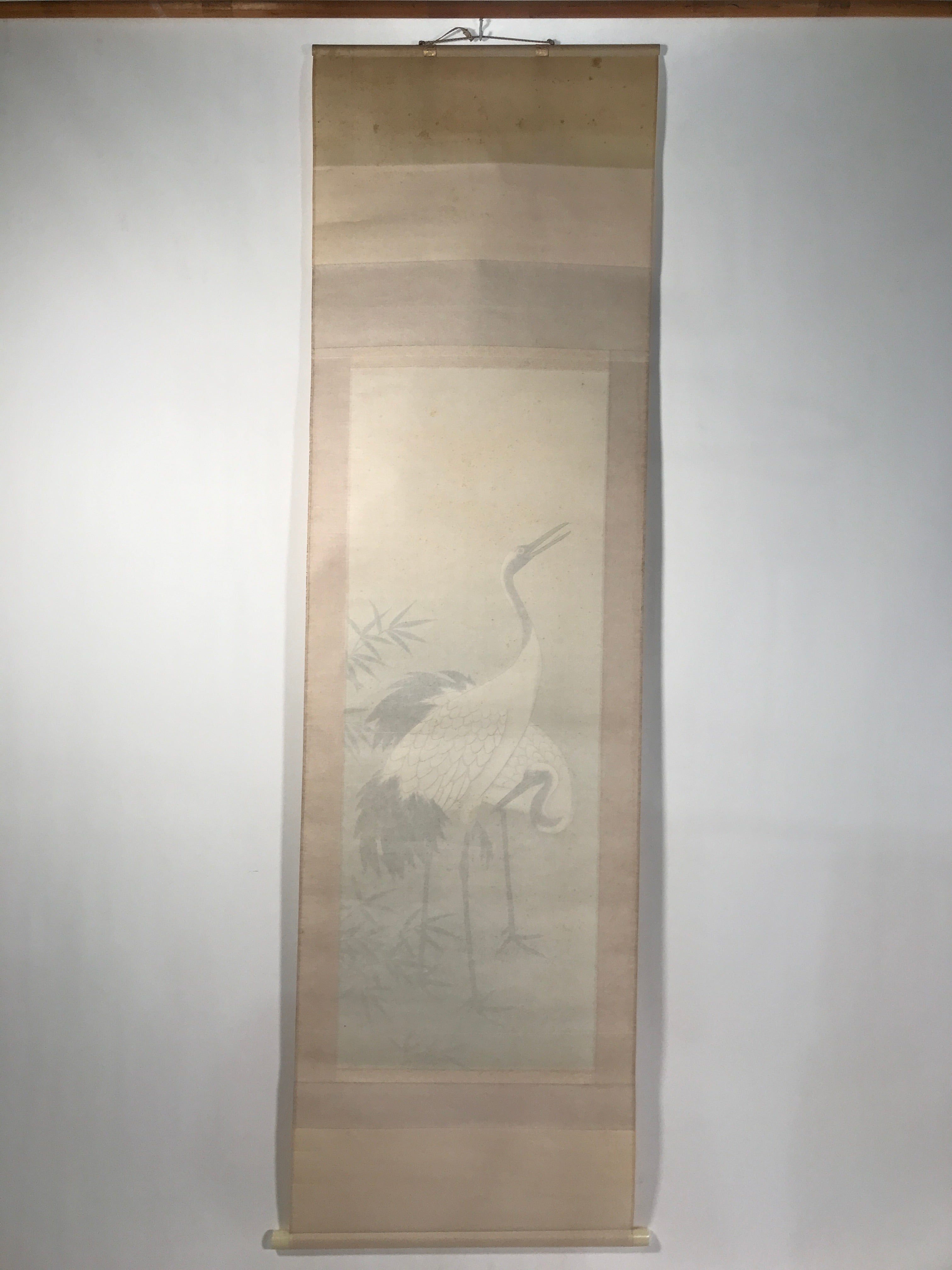 Japanese Boxed Hanging Scroll Vtg Kakejiku Two Cranes Bamboo Green Color KJ151