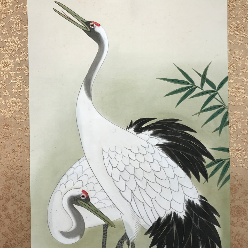 Japanese Boxed Hanging Scroll Vtg Kakejiku Two Cranes Bamboo Green Color KJ151