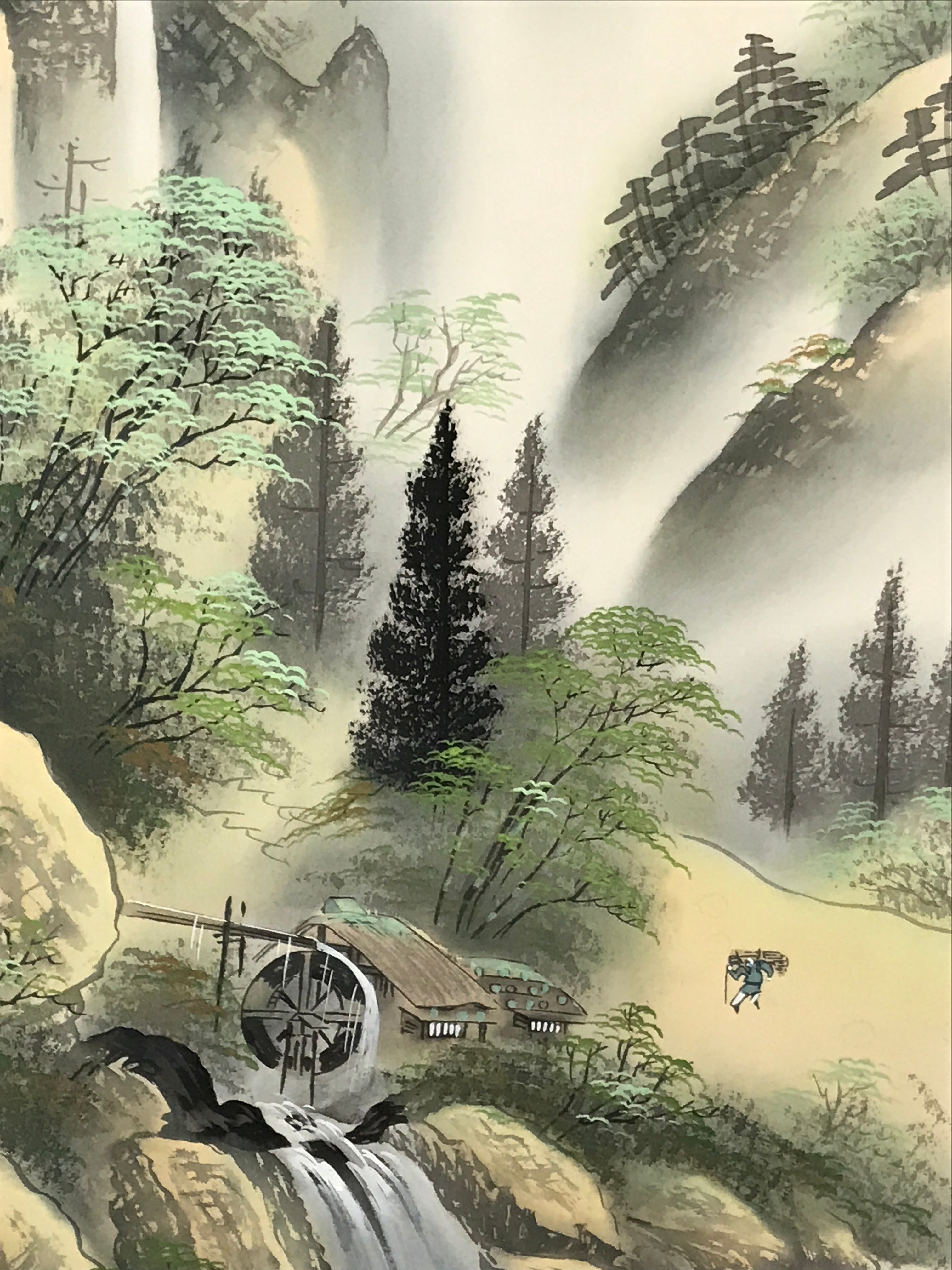 Japanese Boxed Hanging Scroll Vtg Kakejiku Water Mill Mountain House Color KJ146