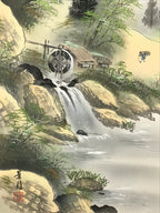 Japanese Boxed Hanging Scroll Vtg Kakejiku Water Mill Mountain House Color KJ146