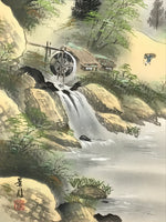 Japanese Boxed Hanging Scroll Vtg Kakejiku Water Mill Mountain House Color KJ146