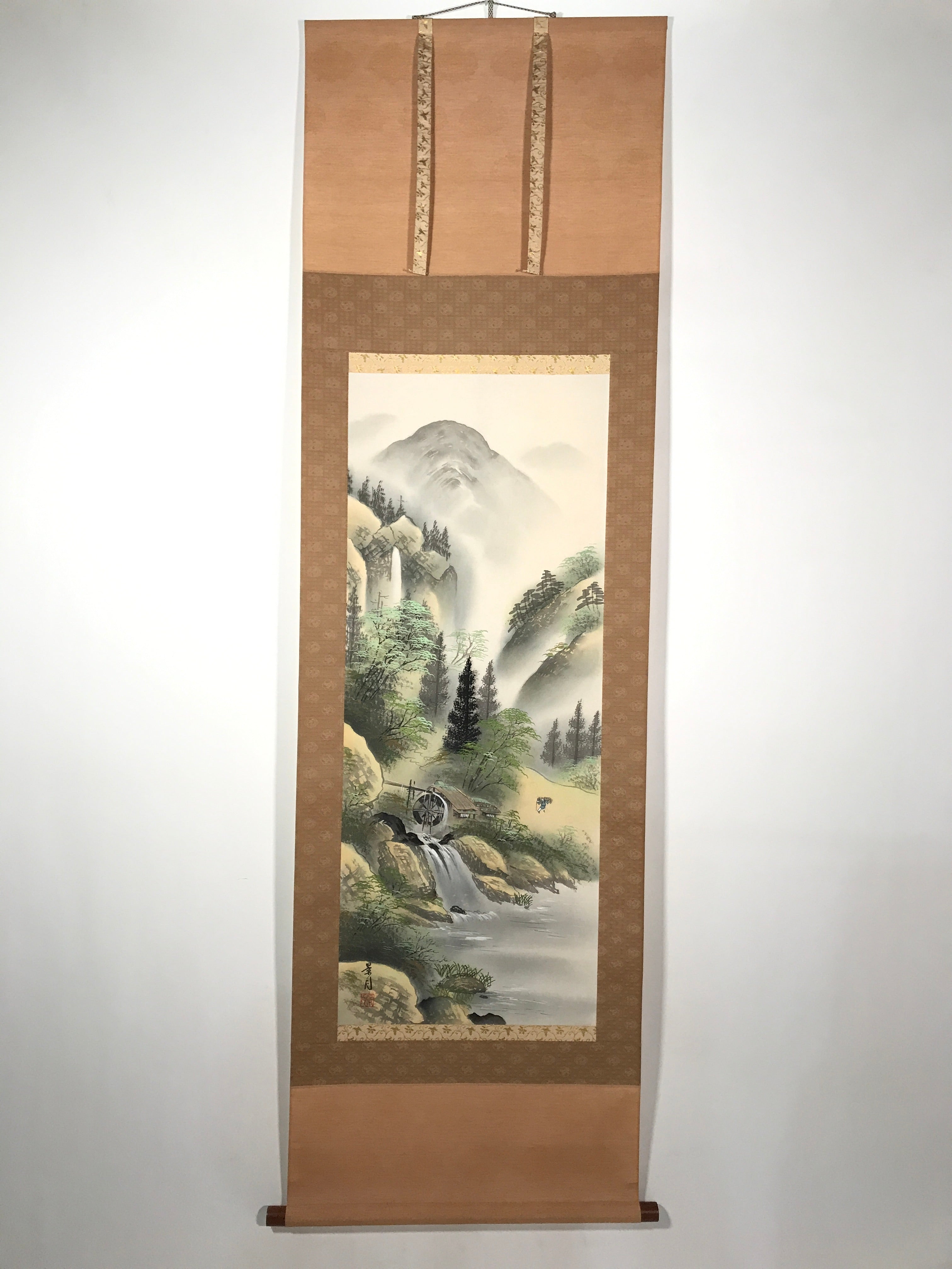 Japanese Boxed Hanging Scroll Vtg Kakejiku Water Mill Mountain House Color KJ146