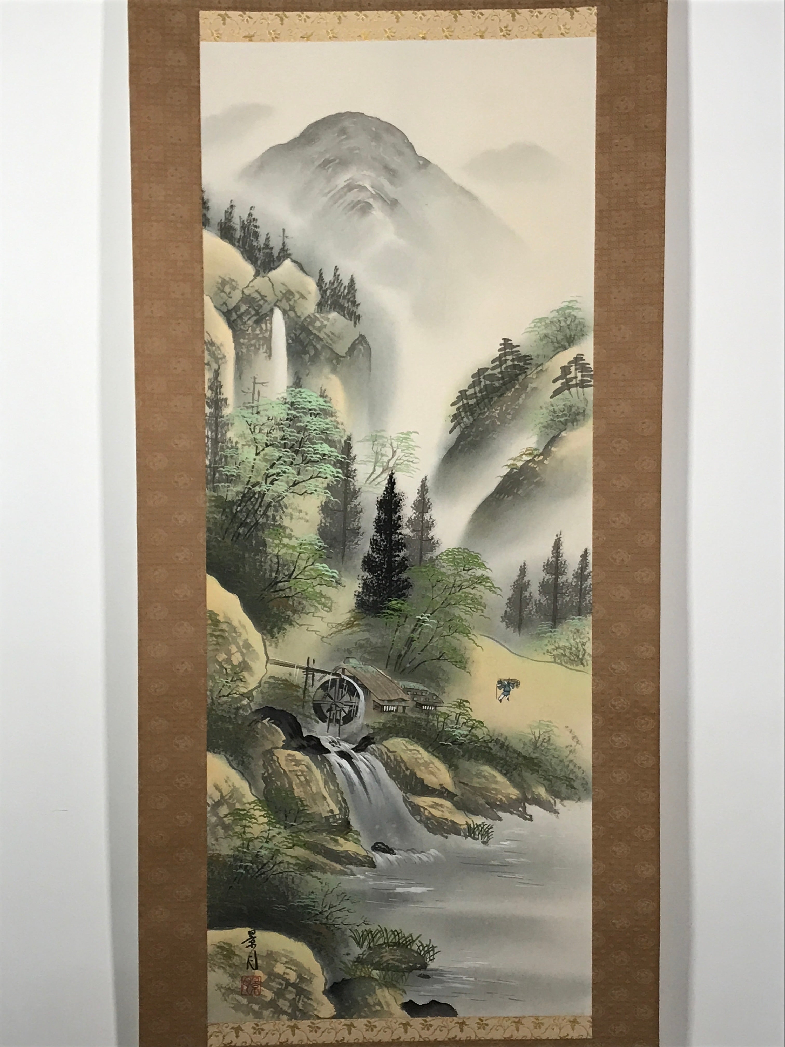 Japanese Boxed Hanging Scroll Vtg Kakejiku Water Mill Mountain House Color KJ146