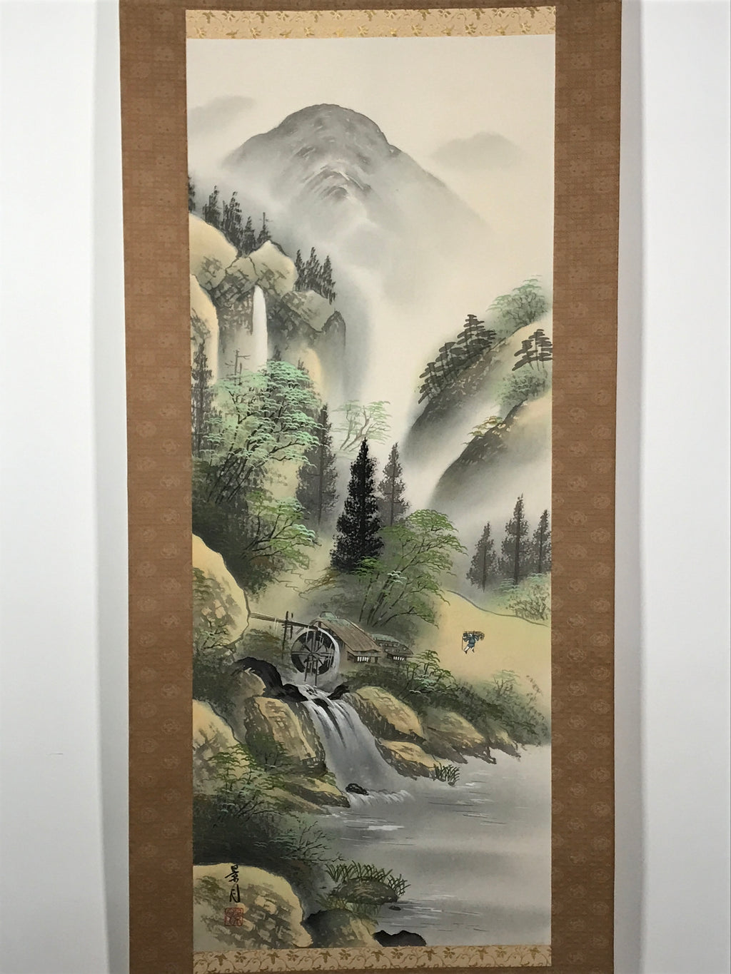 Japanese Boxed Hanging Scroll Vtg Kakejiku Water Mill Mountain House Color KJ146