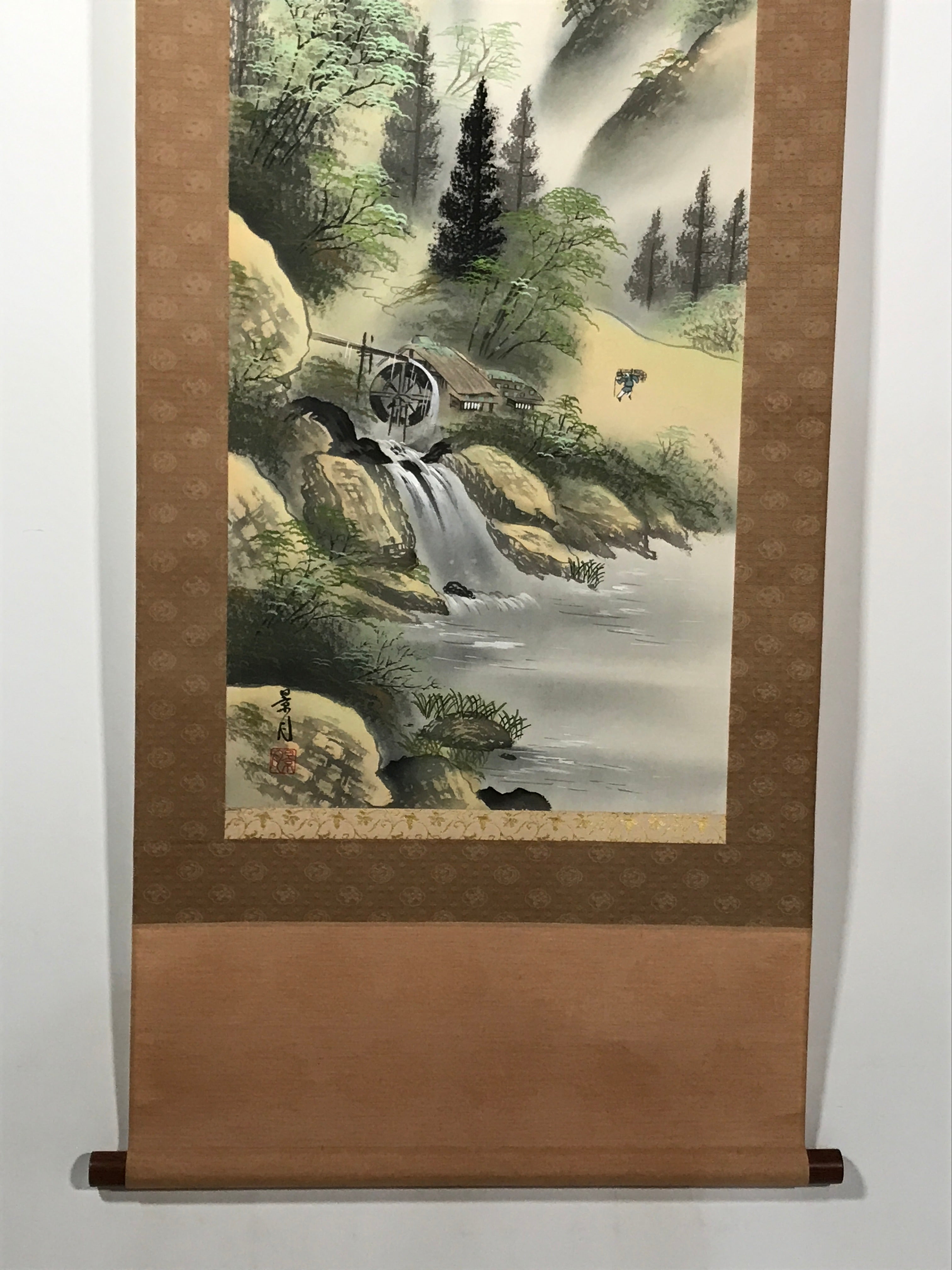 Japanese Boxed Hanging Scroll Vtg Kakejiku Water Mill Mountain House Color KJ146