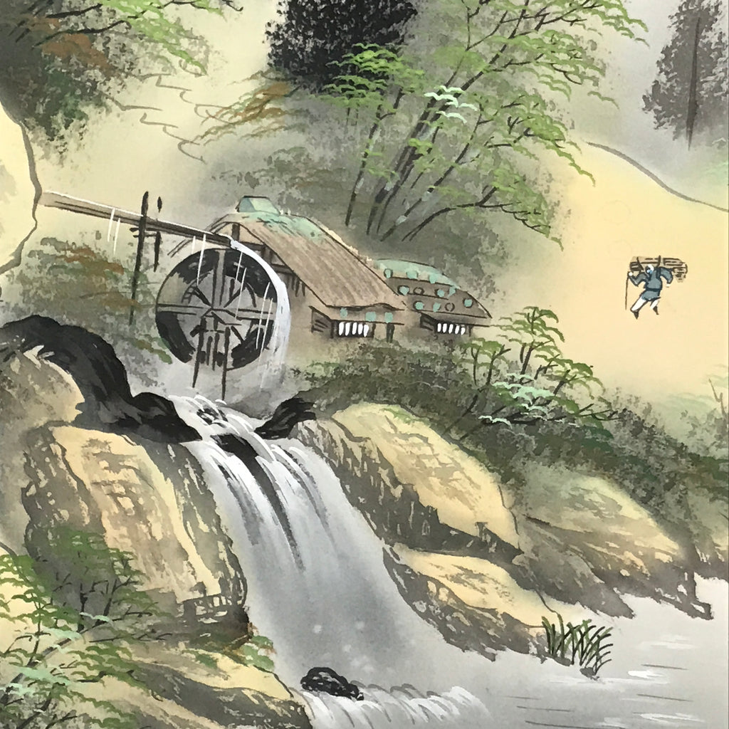 Japanese Boxed Hanging Scroll Vtg Kakejiku Water Mill Mountain House Color KJ146
