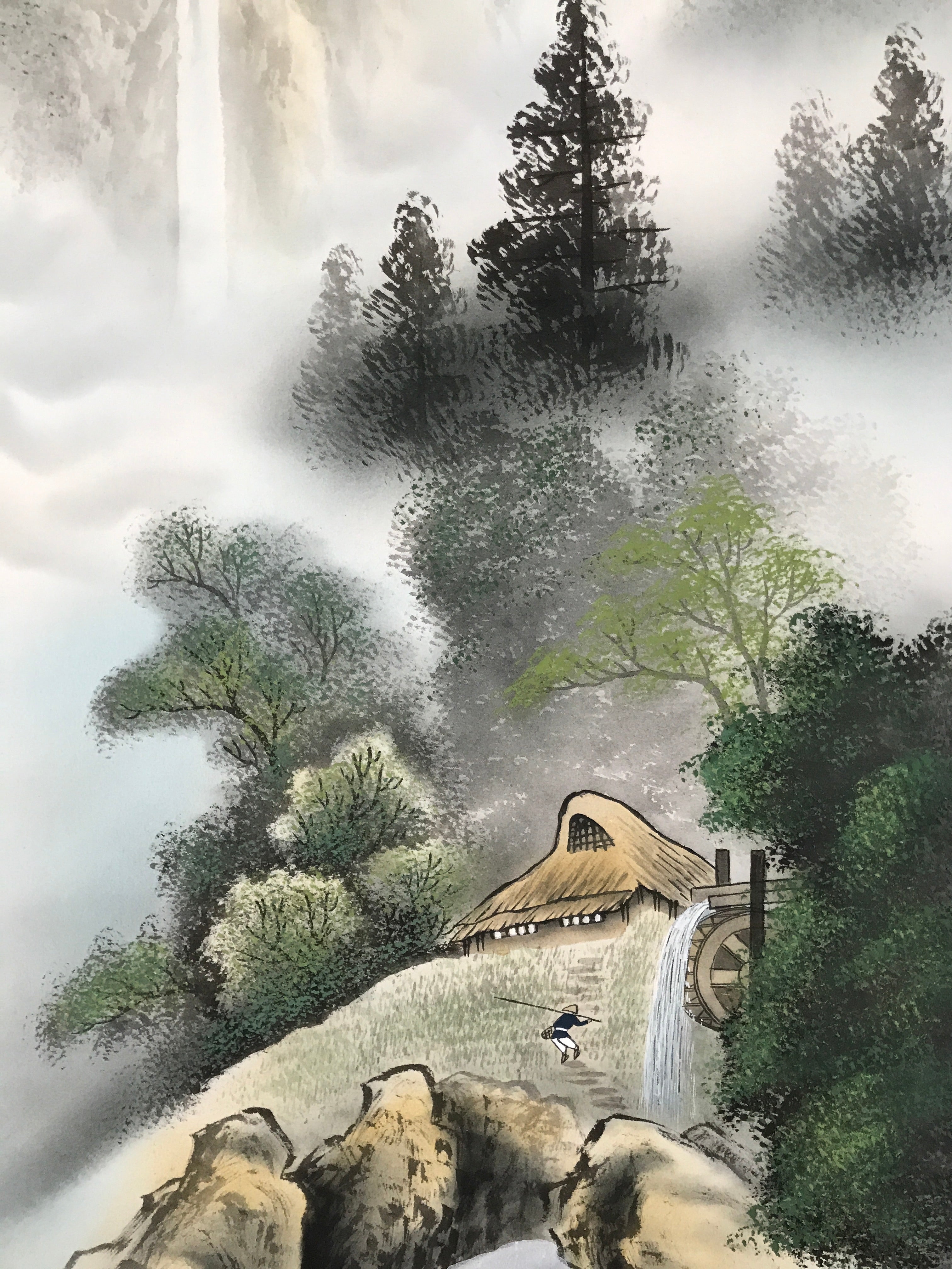 Japanese Boxed Hanging Scroll Vtg Kakejiku Water Mill Mountain House Color KJ149