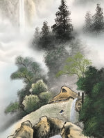 Japanese Boxed Hanging Scroll Vtg Kakejiku Water Mill Mountain House Color KJ149