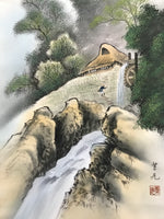 Japanese Boxed Hanging Scroll Vtg Kakejiku Water Mill Mountain House Color KJ149