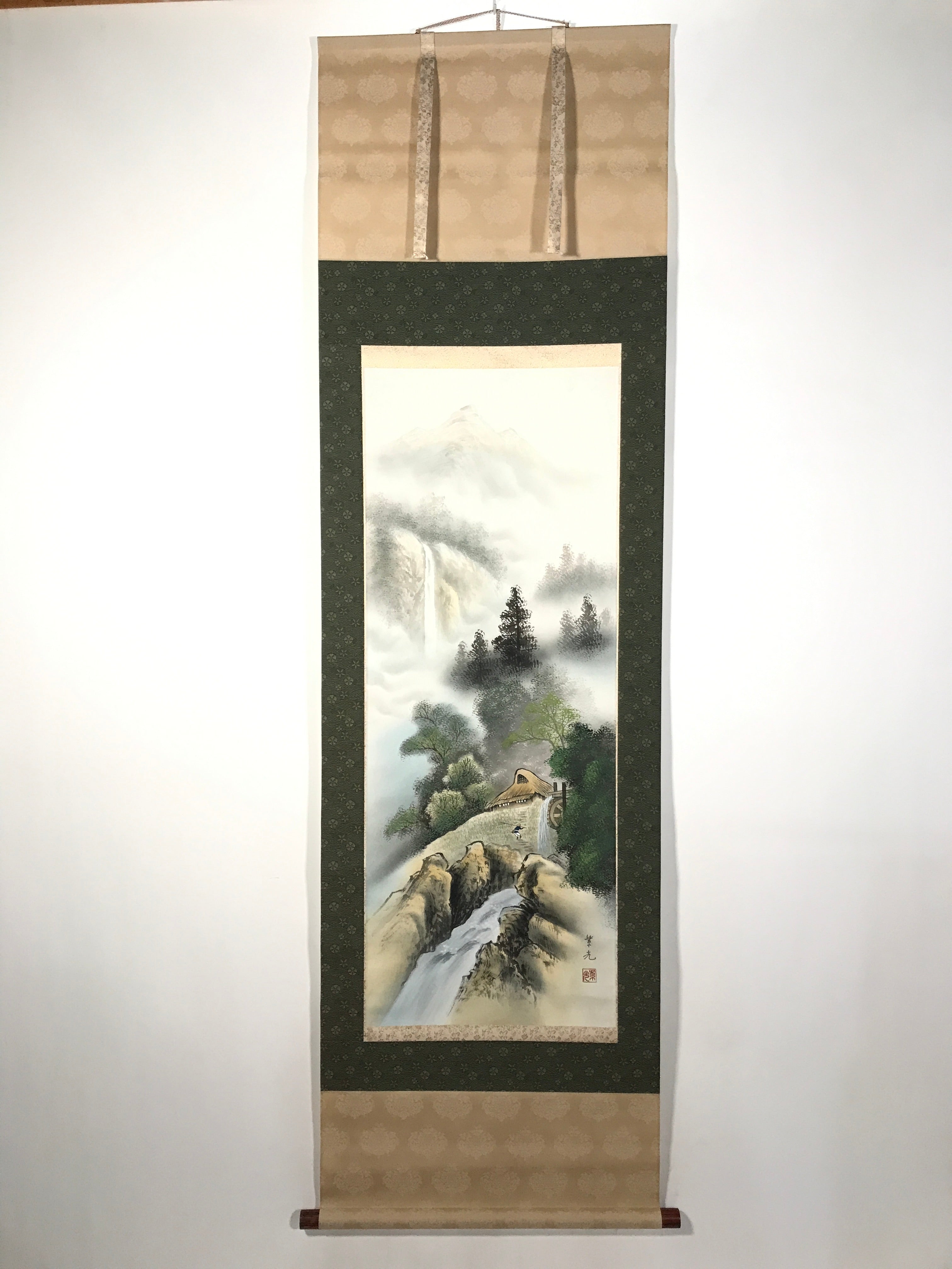 Japanese Boxed Hanging Scroll Vtg Kakejiku Water Mill Mountain House Color KJ149