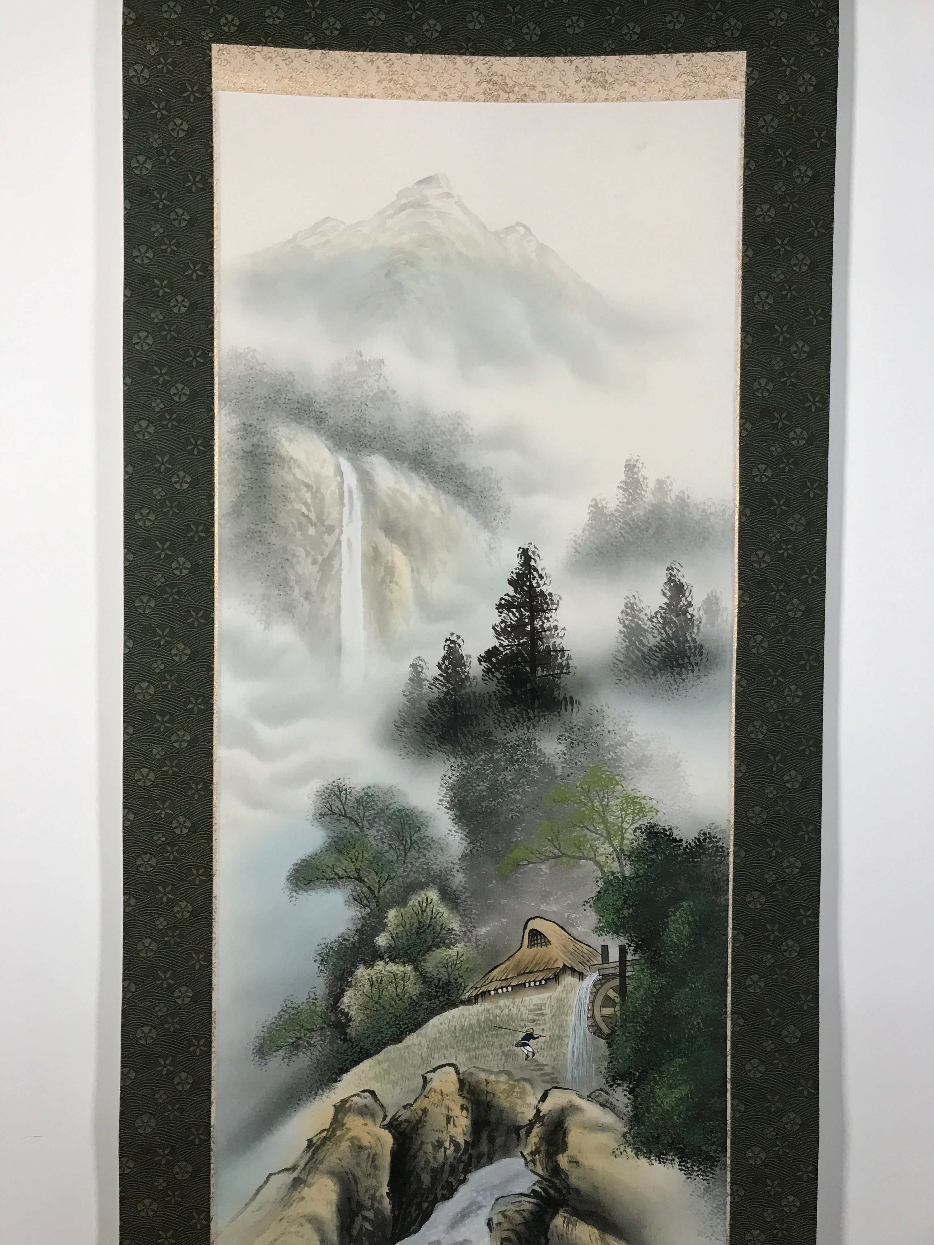 Japanese Boxed Hanging Scroll Vtg Kakejiku Water Mill Mountain House Color KJ149