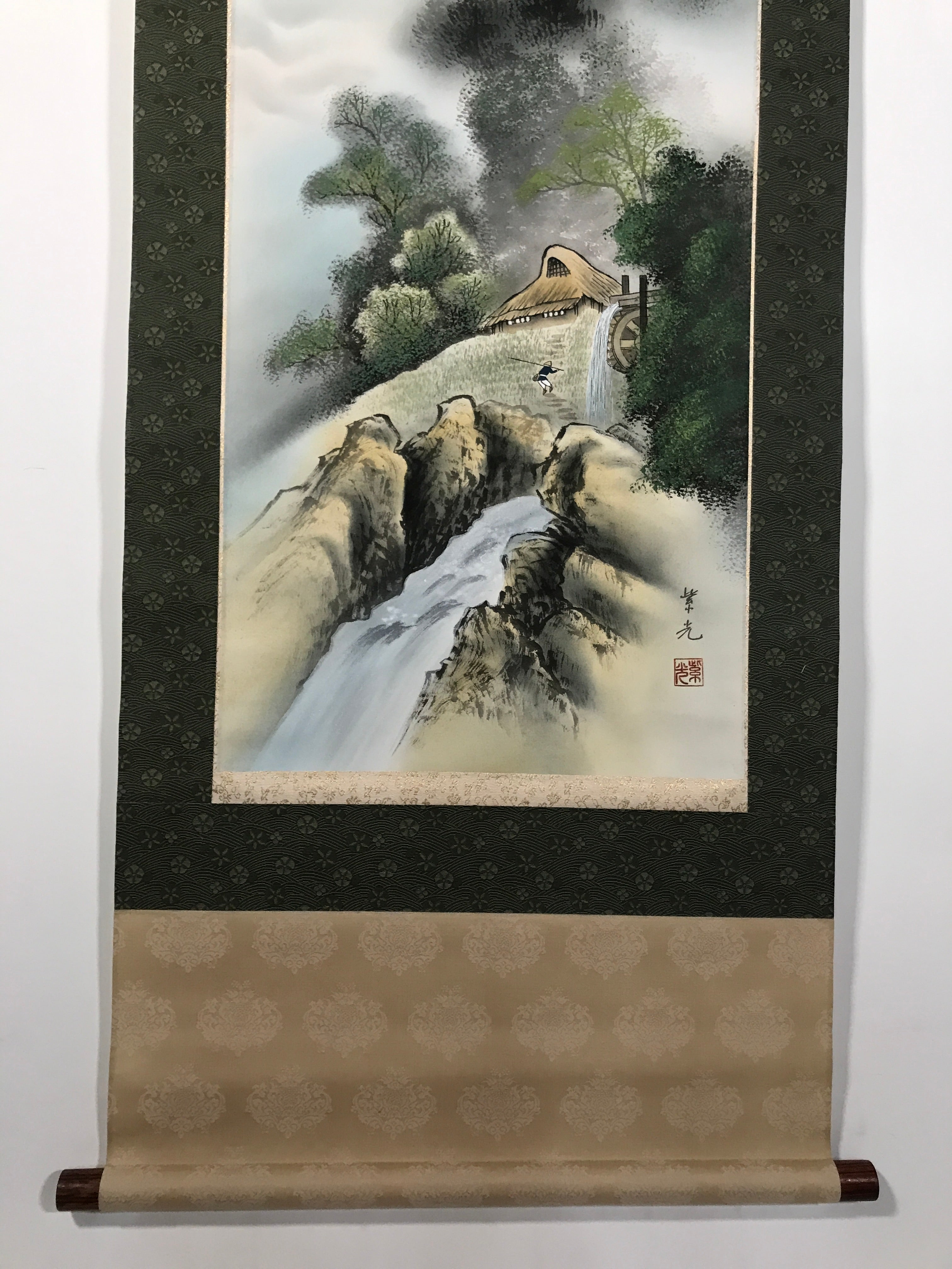 Japanese Boxed Hanging Scroll Vtg Kakejiku Water Mill Mountain House Color KJ149
