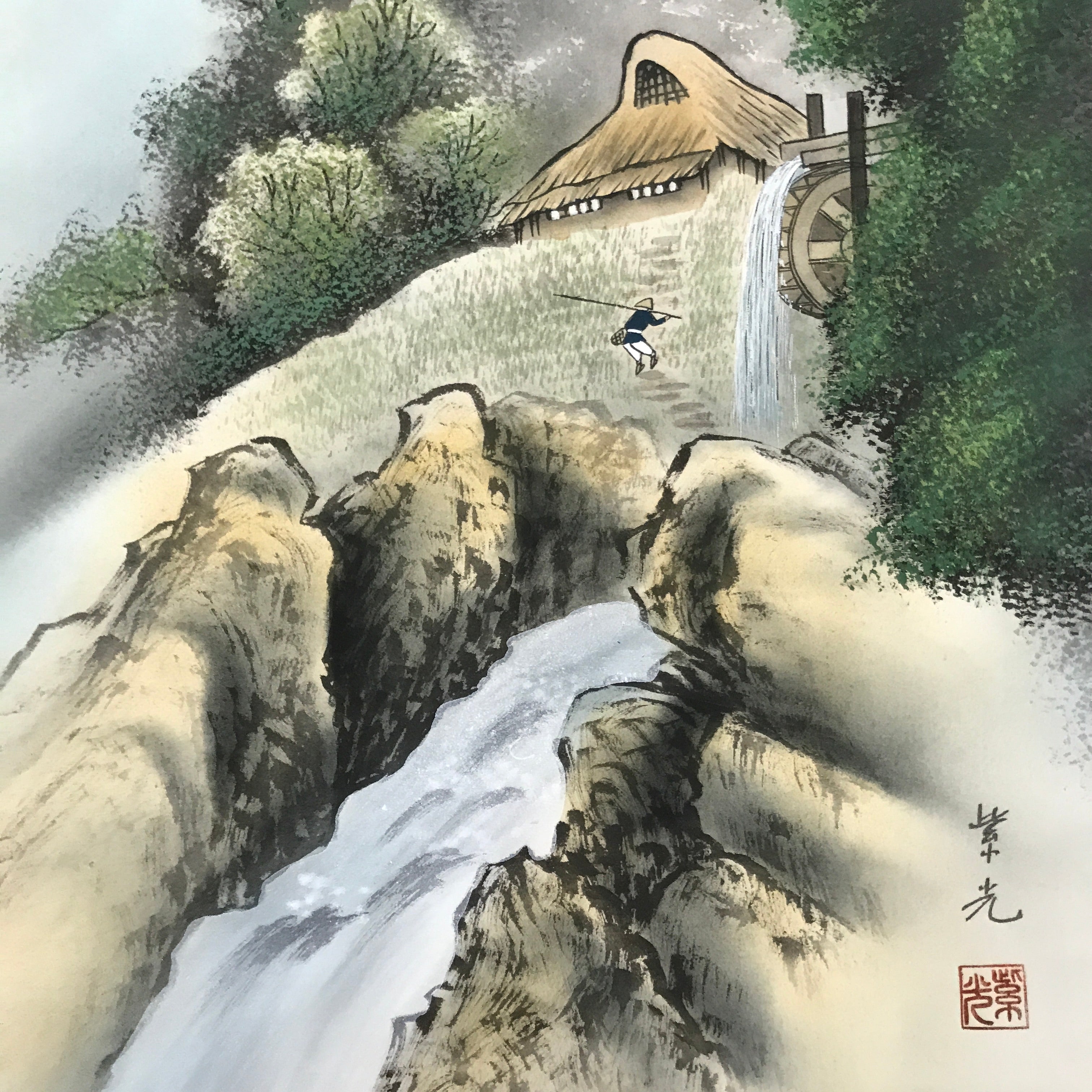 Japanese Boxed Hanging Scroll Vtg Kakejiku Water Mill Mountain House Color KJ149