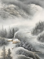 Japanese Boxed Hanging Scroll Vtg Kakejiku Winter Landscape Mountain Snow KJ148
